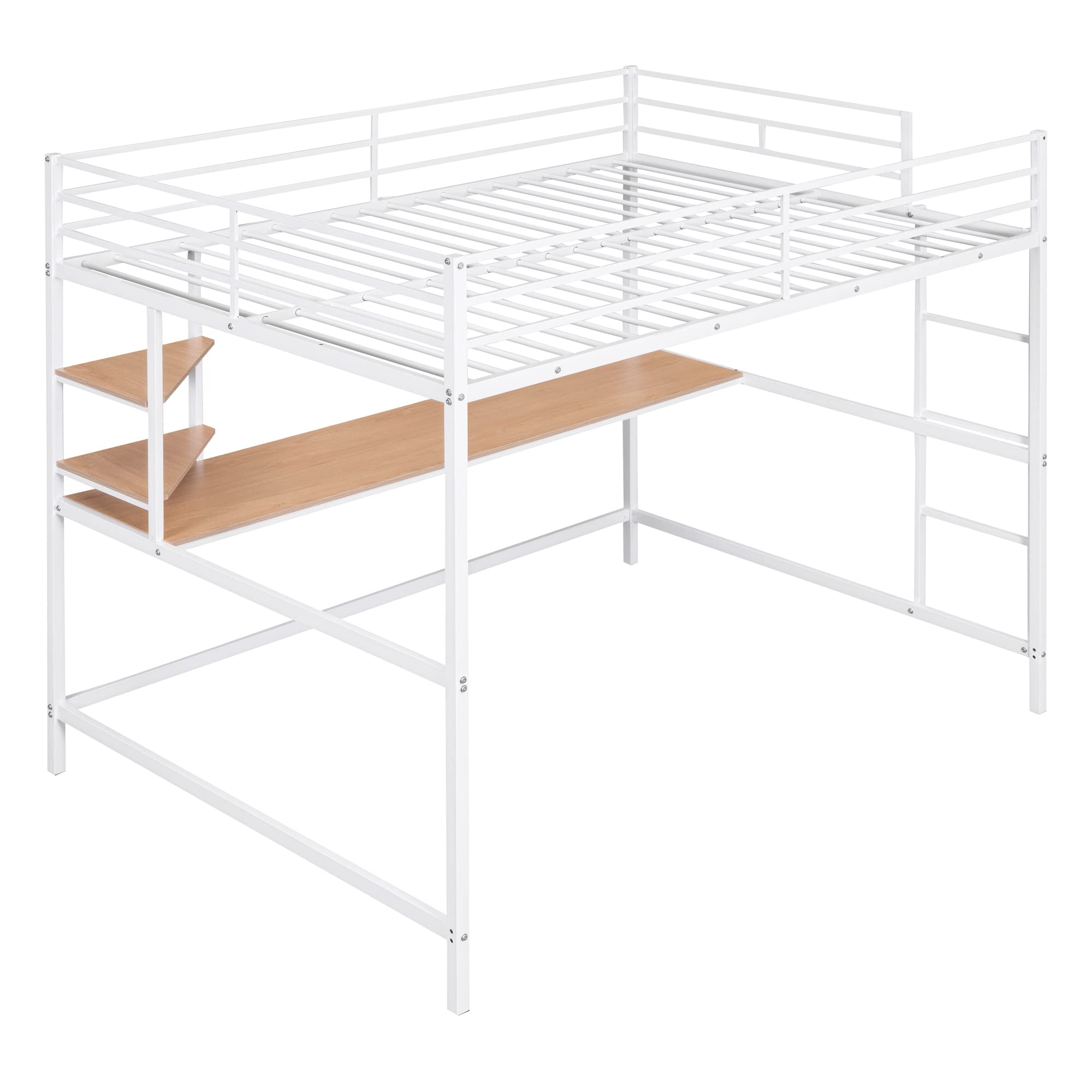 Full Size Loft Bed with Study Desk & Storage Shelves - Heavy Duty Metal Frame Loft Bed for Kids & Teens - Space Saving Design with Safety Guardrail - Perfect for Small Bedrooms, Dorms & Studio Apartments (White)