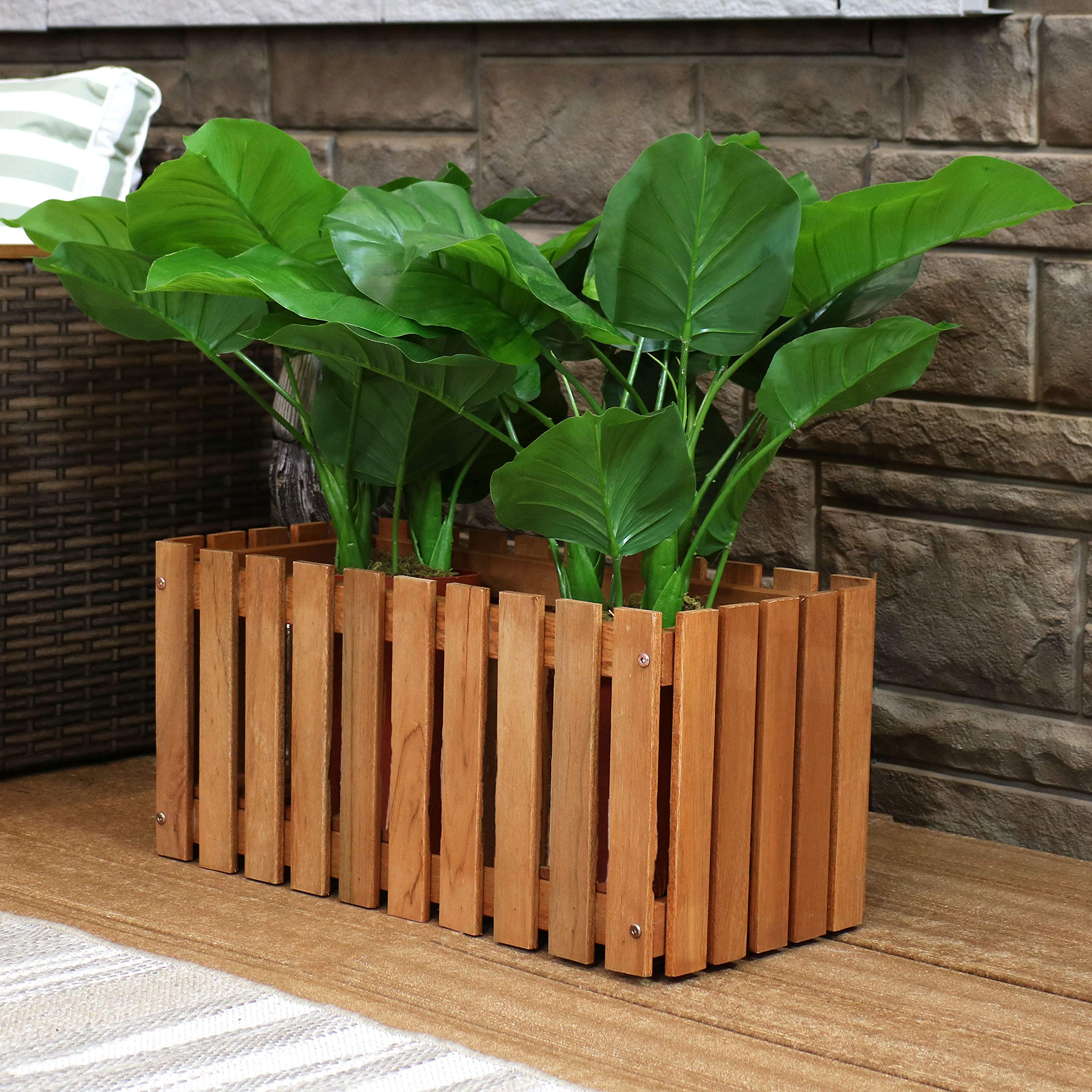 Sunnydaze 24-Inch Meranti Wood Picket Style Planter Box & 2-Pack 16-Inch Square Outdoor Planters with Teak Oil Finish - Perfect for Patio, Garden, and Balcony Decor