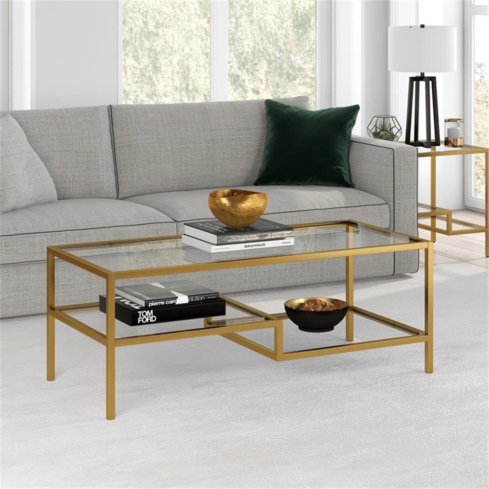 Pemberly Row Metal Double Shelf Coffee Table in Brass and Gold - Modern Living Room Centerpiece for Small Spaces & Home Decor