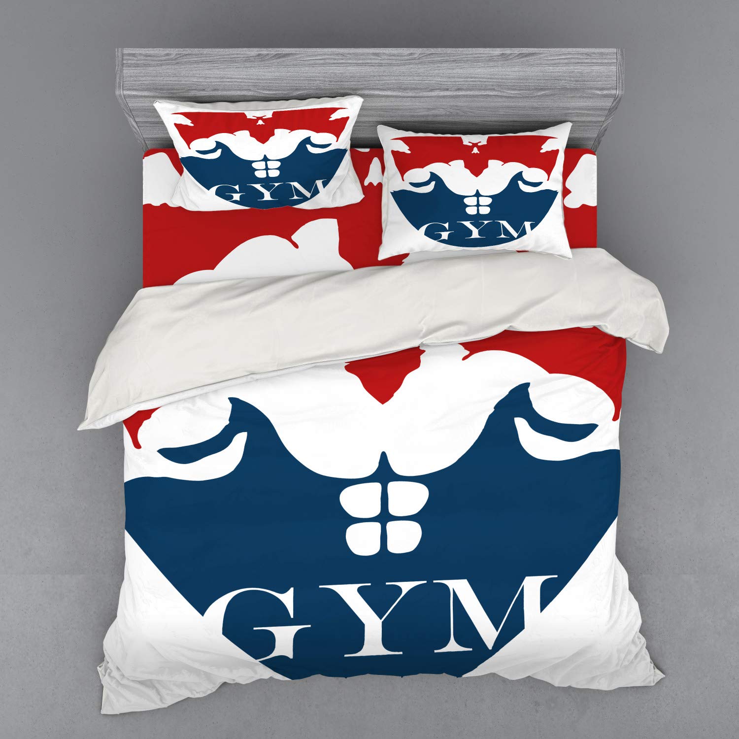 Ambesonne Fitness Duvet Cover Set - King Size 4-Piece Bedding with Shams & Fitted Sheet | Strong Muscular Athlete Bodybuilder Design in Red Blue White | Perfect for Gym Enthusiasts, Home Workout Spaces & Sports-Themed Bedrooms