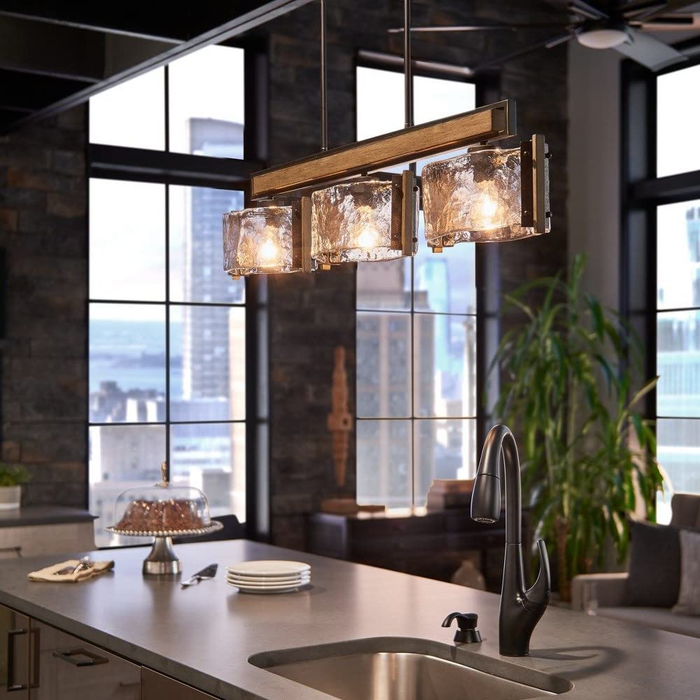 Bailey Street Home 3-Light Rustic Kitchen Island Pendant Light - Faux Wood & Piastra Glass Shade in Olde Bronze Finish - Perfect for Farmhouse, Cottage & Industrial Style Kitchens