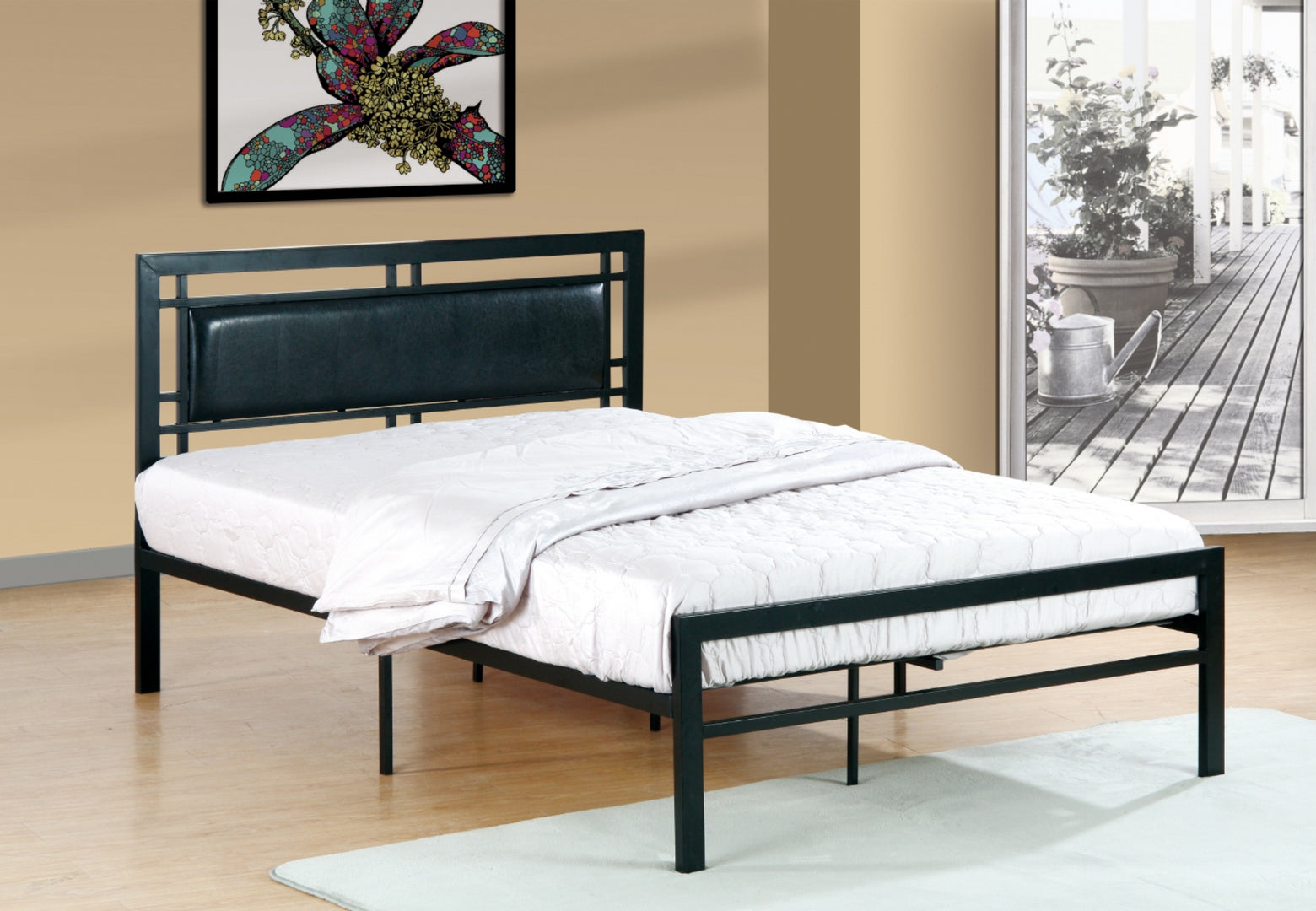 141B Black Steel Platform Bed with Black PU Panel - Modern Minimalist Bed Frame for Bedroom, Guest Room, or Dorm - Sturdy Metal Frame with Upholstered Headboard