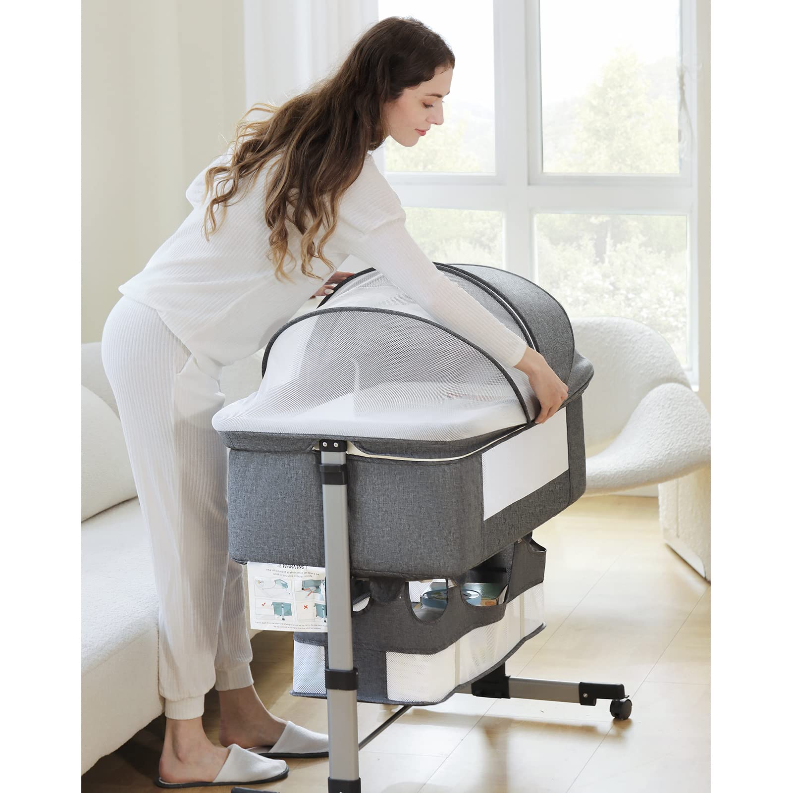 Ihoming Portable Baby Bassinet Bedside Sleeper - Adjustable Newborn Crib with Storage Basket & Easy Folding Design, Gray | Perfect for Nursery, Bedroom Co-Sleeping & Travel Use