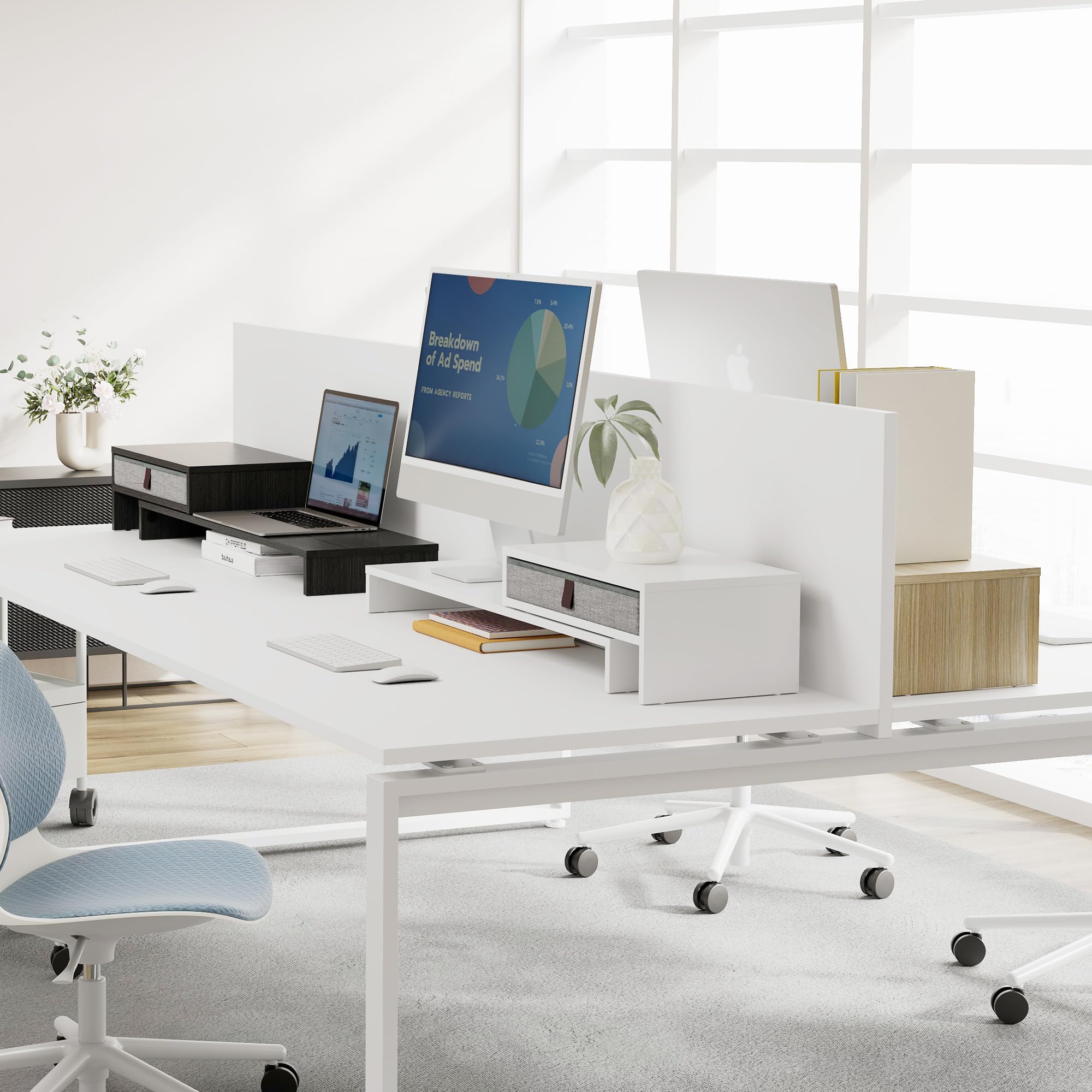 FENGE Dual Monitor Stand Riser with Storage Drawer - Adjustable 3-Tier Laptop & Screen Stand for Office, White | Perfect for Workspace Organization, Printer Shelf & Multi-Monitor Setup