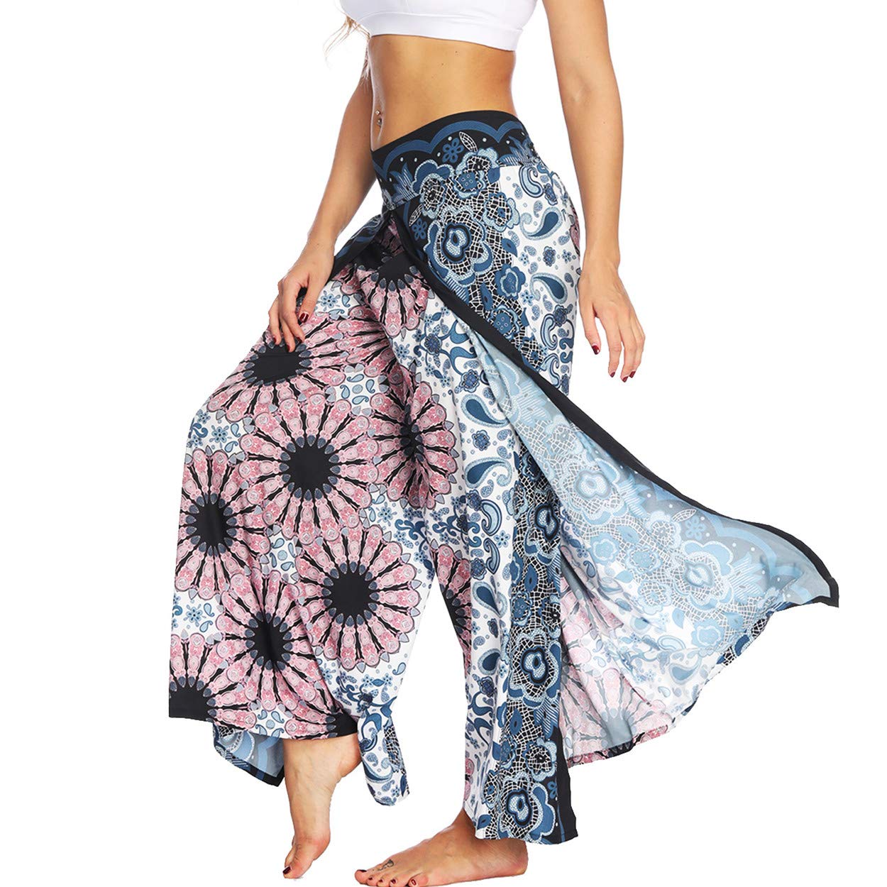 ENLACHIC Women's Boho Printed Palazzo Yoga Pants - High Waisted Wide Leg Lounge Pants with Side Split for Workout, Running, Travel & Casual Wear