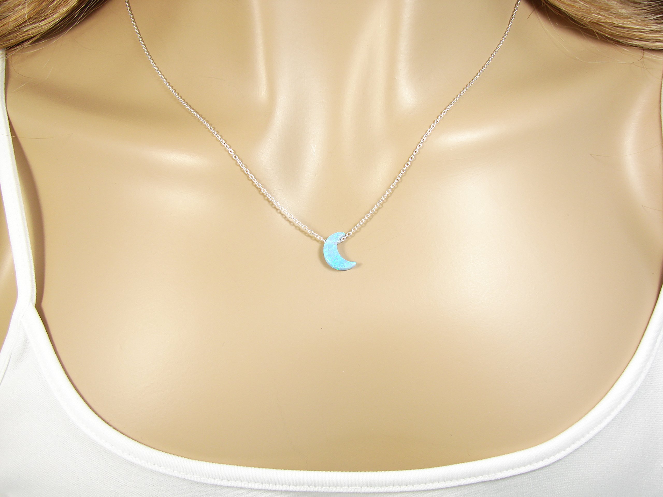 Light Blue Moon Opal Necklace - Crescent Moon Pendant with Lab Created Opal, Dainty Celestial Jewelry for Women, Perfect Gift for Birthday, Anniversary & Boho Fashion