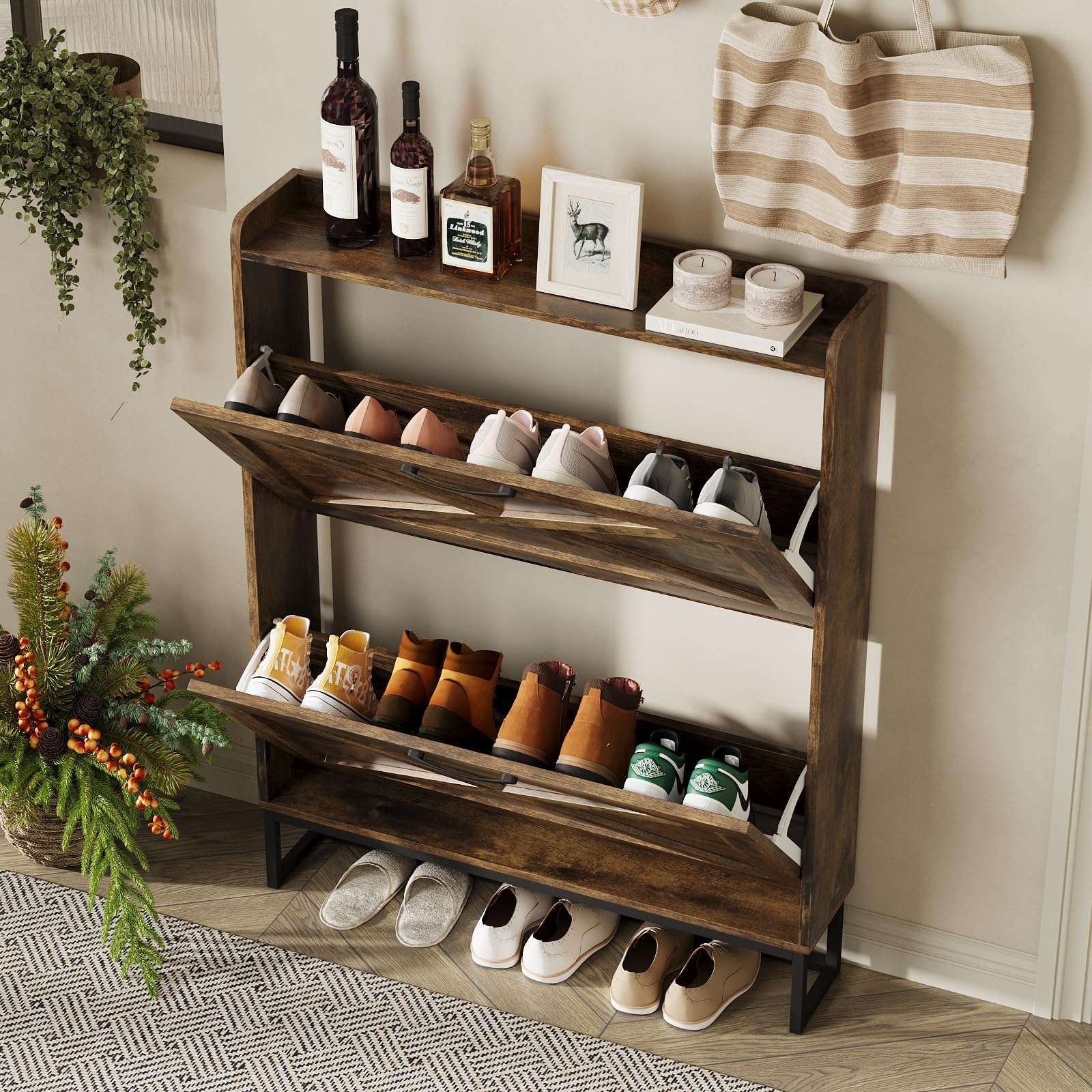 Maupvit Narrow Shoe Cabinet with 2 Flip Drawers - Slim Entryway Shoe Storage Organizer with Metal Legs | Farmhouse Style Free Standing Shoe Rack for Hallway, Closet & Small Spaces