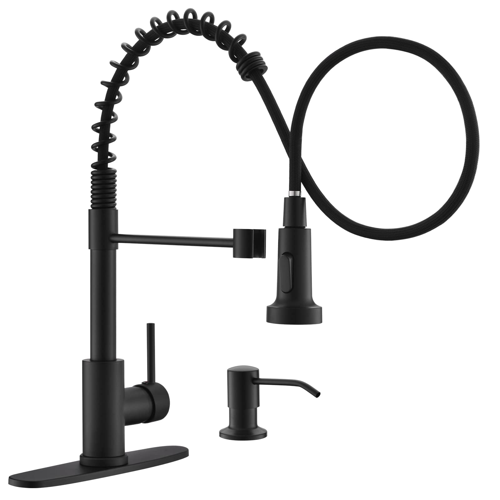 GIMILI Matte Black Commercial Kitchen Faucet with Pull Down Sprayer and Soap Dispenser - Single Handle Spring Pull Out Sink Faucet for Restaurant & Home Kitchen Use
