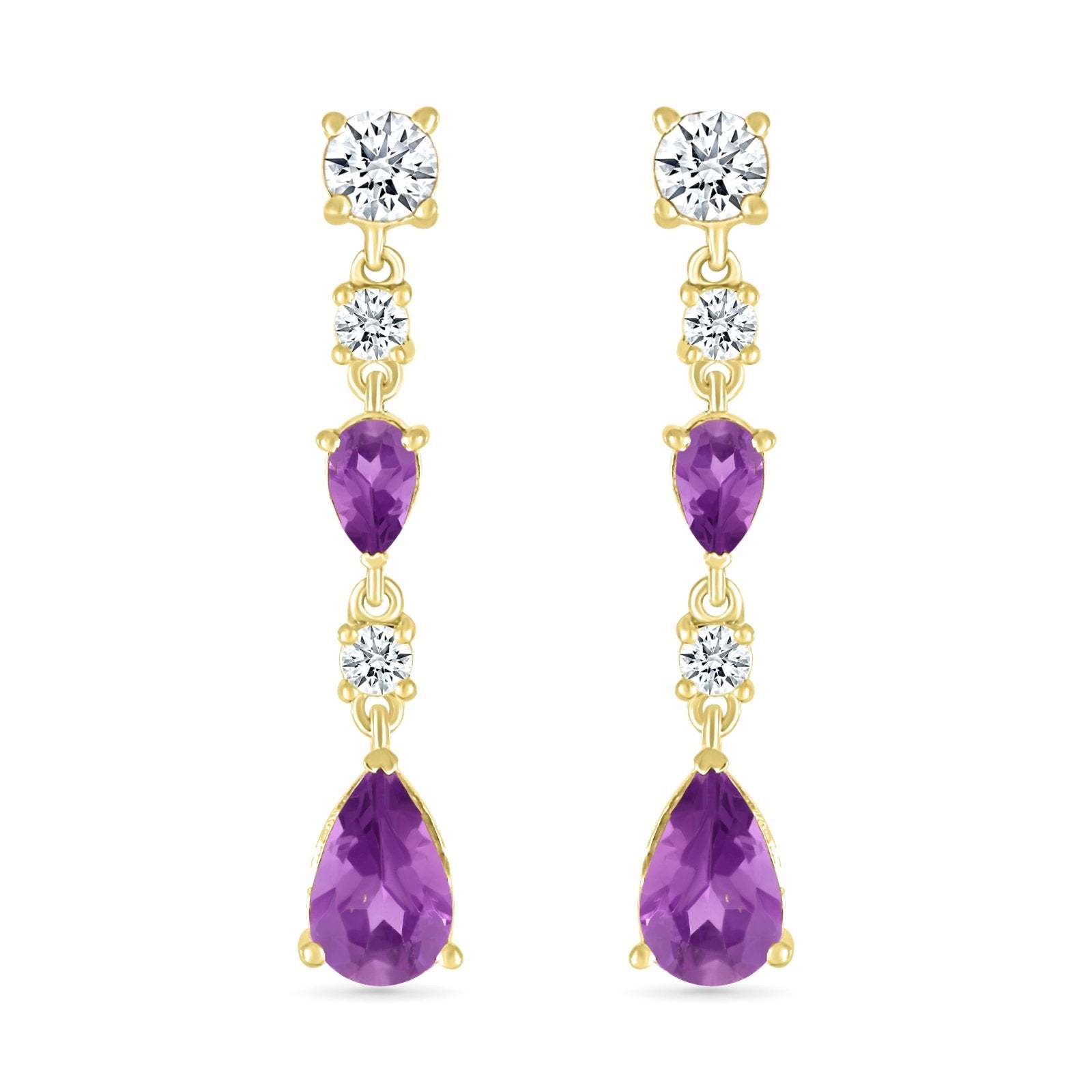 10K Yellow Gold Amethyst & White Sapphire Teardrop Dangle Drop Stud Earrings for Women - Elegant Jewelry Gift for Wedding, Party & Special Occasions