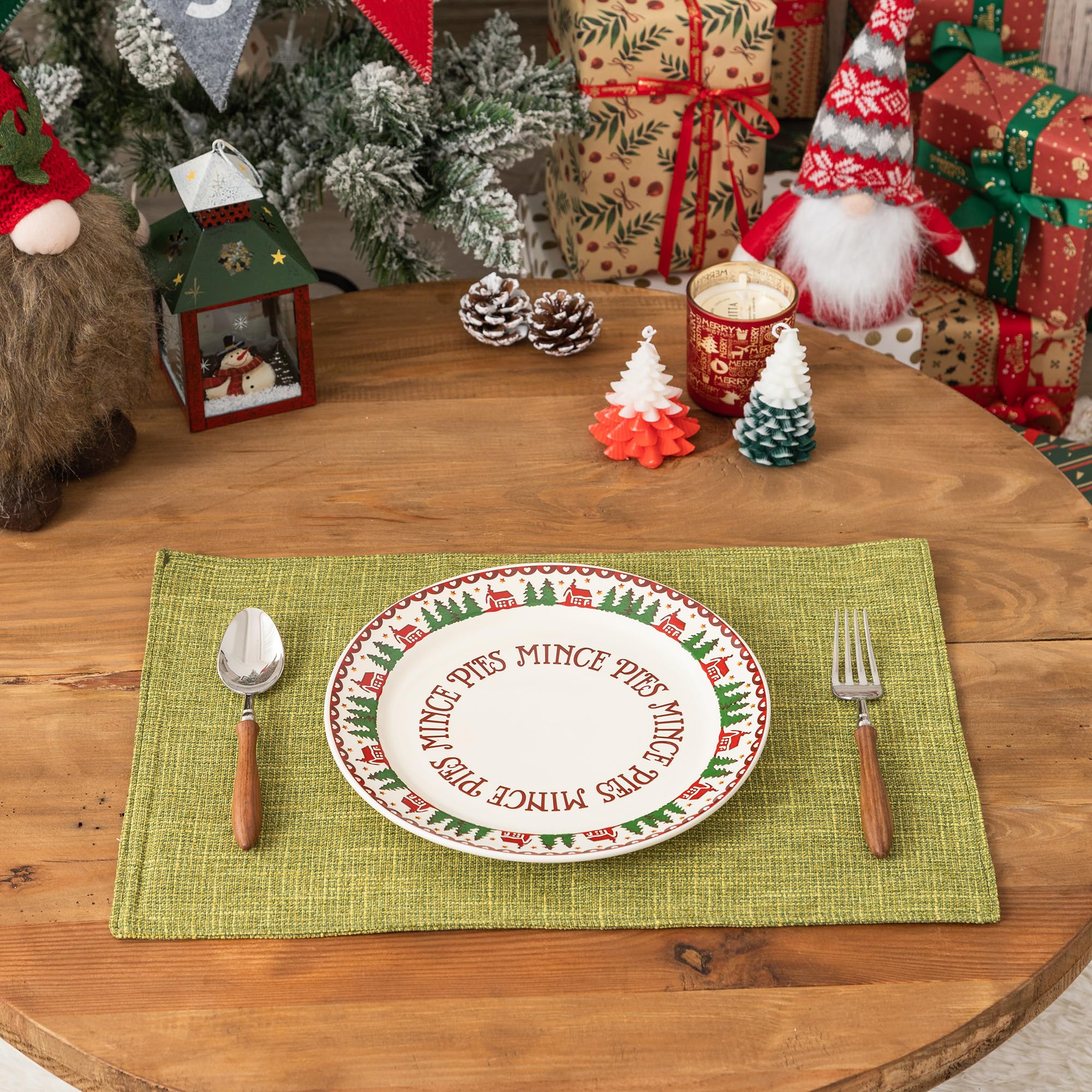 Kevin Textile 4-Pack Spring Burlap Linen Placemats - Heat Resistant 13x19 Inch Table Mats for Dining & Kitchen - Washable Eco-Friendly Place Settings in Linden Green - Perfect for Dinner Parties, Brunch & Everyday Use