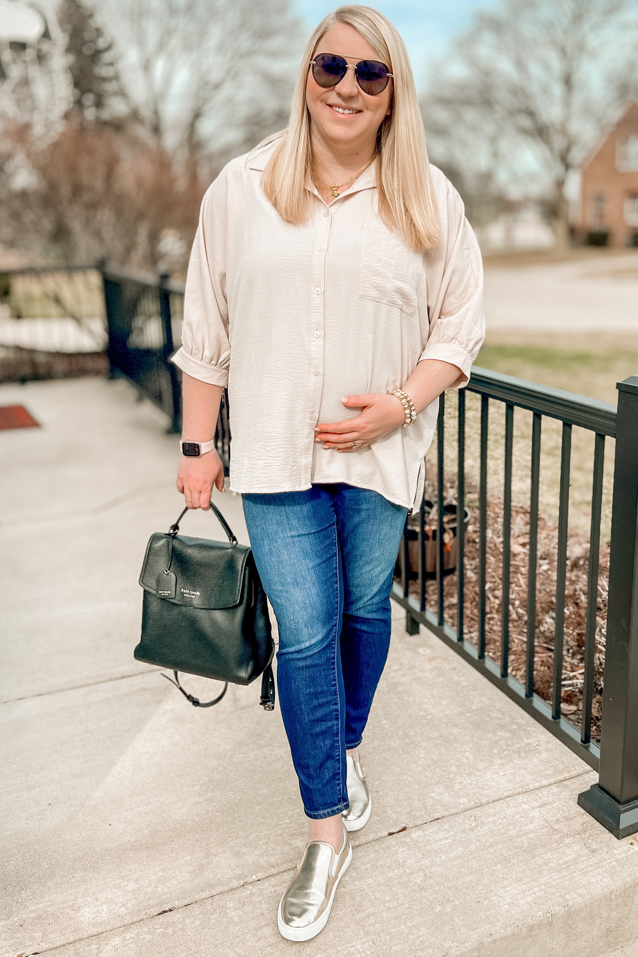 Beige Button Down 3/4 Sleeve Maternity Top for Women - Comfortable Pregnancy Blouse for Work & Casual Wear