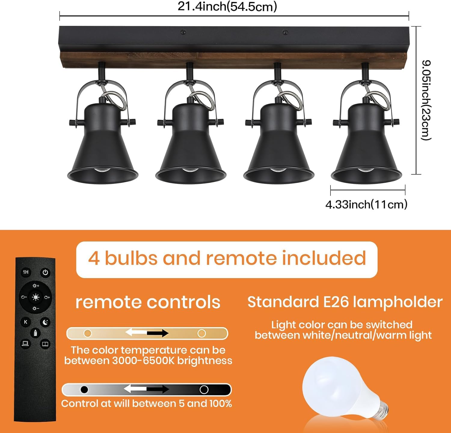 KEESFU 4-Light Dimmable Track Lighting Kit with Remote Control - Adjustable Black Ceiling Lights for Kitchen, Dining Room, Hallway & Bathroom - Modern Farmhouse Style Rotatable Fixtures (Bulbs Included) - Perfect for Ambient Lighting and Task Illumination