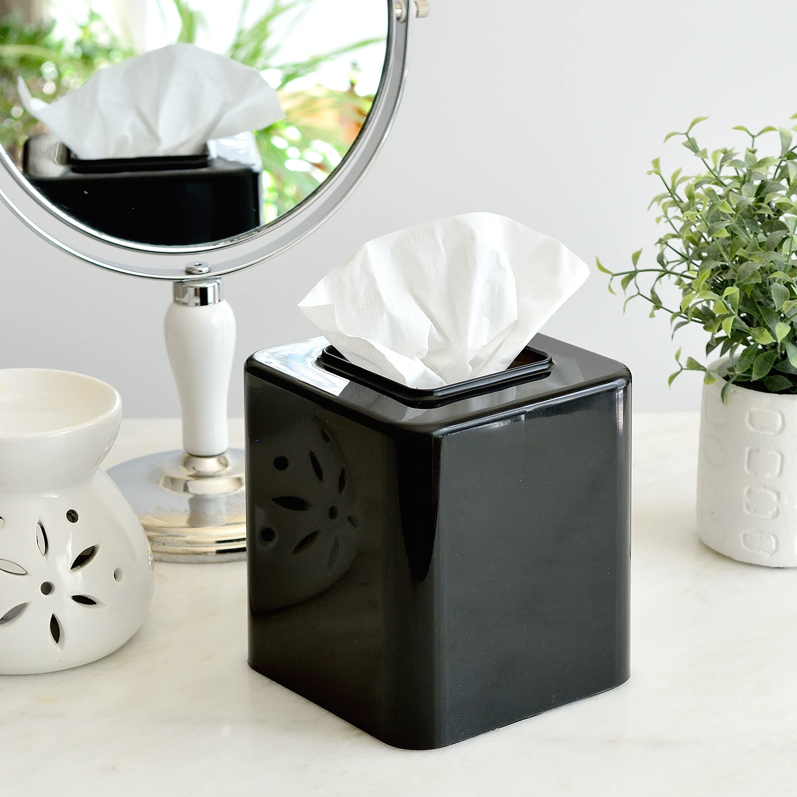 Youngever 2 Pack Black Plastic Square Tissue Box Cover Holder for Home Office Decor - Tissue Dispenser & Napkin Organizer for Living Room, Bedroom, Kitchen, Bathroom