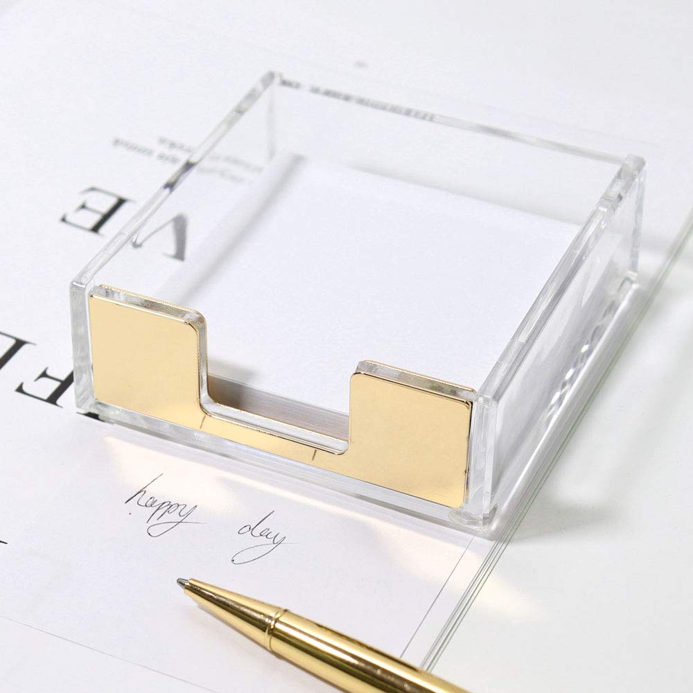 Buqoo Acrylic Sticky Notes Holder - 3.5x3.3 Inch Clear Desk Organizer for Office Supplies, School & Home (Gold) - Perfect for Notes, Reminders & Classroom Organization