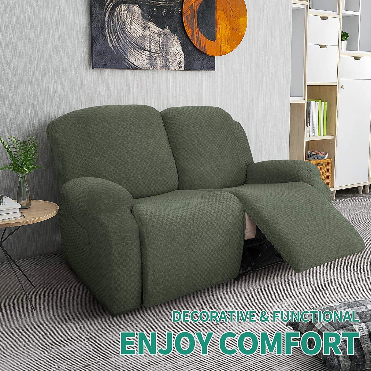 6-Piece Stretch Loveseat Recliner Slipcover - Jacquard Recliner Sofa Cover with Side Pockets & Elastic Bottom - Furniture Protector for Couches, Chairs (Army Green) - Perfect for Living Room, Family Room & Home Theater Seating Protection