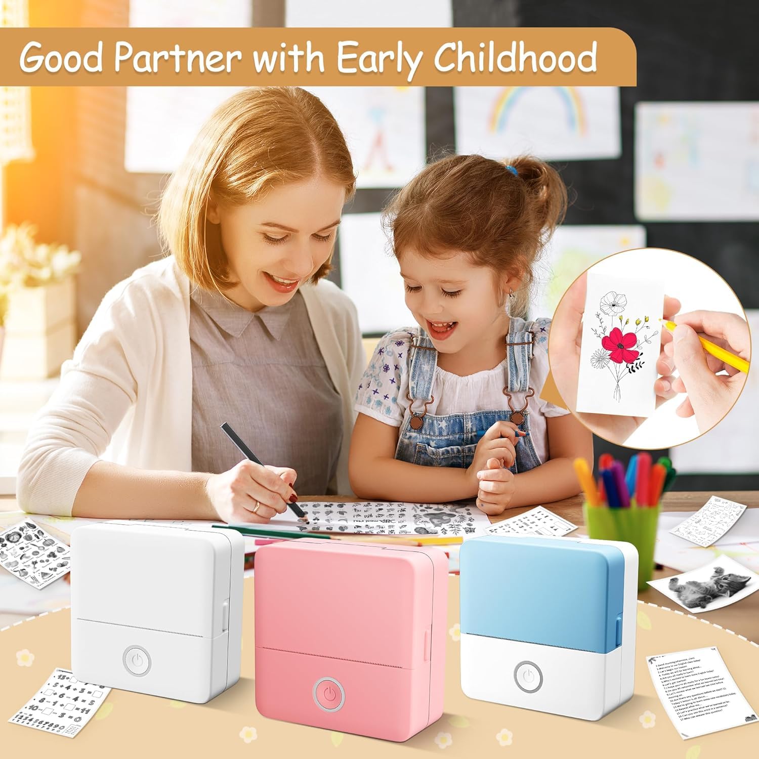 Mini Sticker Printer - Portable Thermal Printer for Phone & Tablet, 6 Roll Papers Included | Inkless Sticker Maker for Study Notes, DIY Crafts, Scrapbooking, Journals & Memos | Perfect for Students, Office & Home Organization (White)