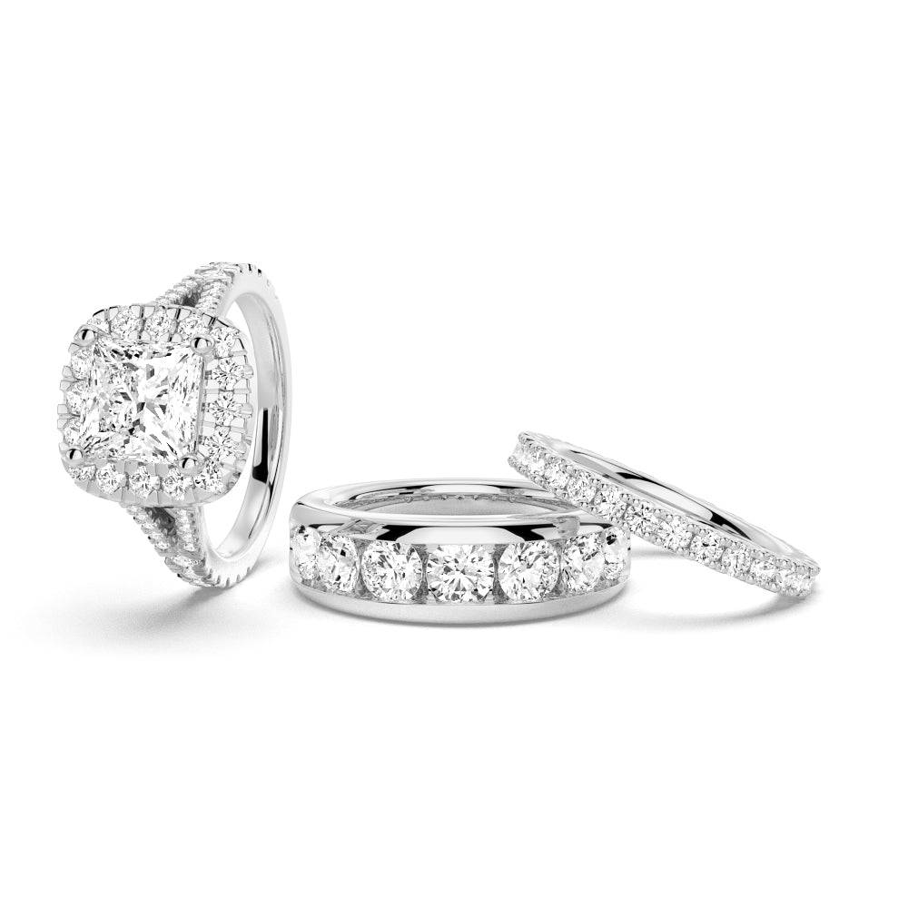 Princess Cut Split Shank Halo Moissanite Engagement & Wedding Ring Set with Matching Men's Band - Perfect for Proposals, Anniversaries & Bridal Jewelry