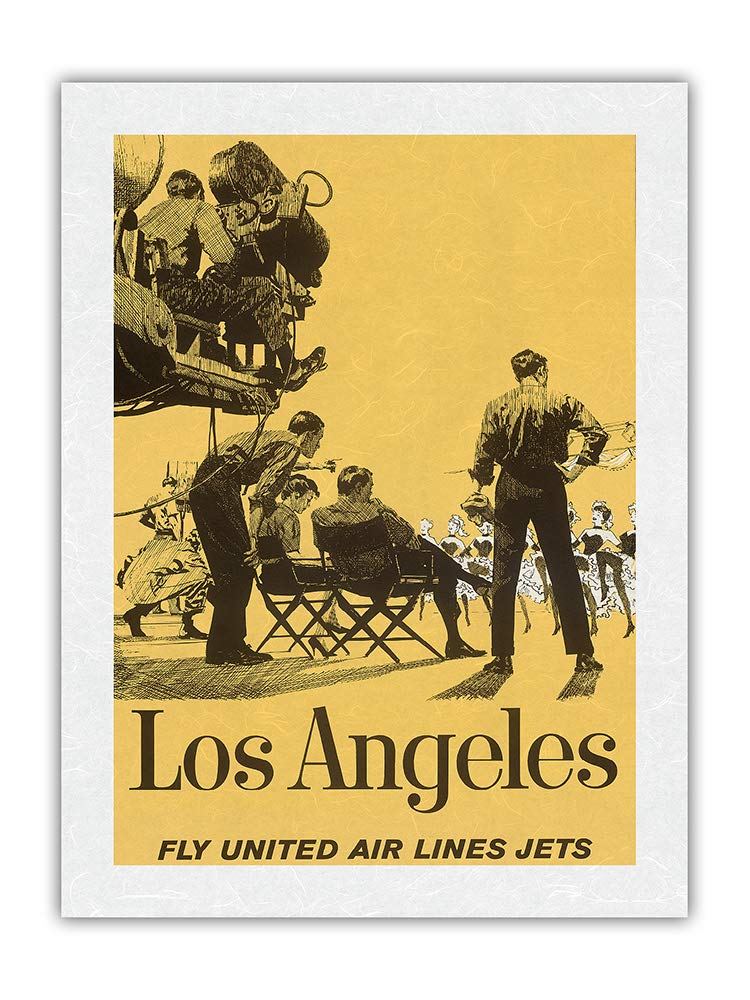 Vintage 1950s United Airlines Travel Poster - Hollywood Movie Set Inspired Premium Unryu Rice Paper Art Print 18x24 inches - Perfect for Aviation Enthusiasts, Home Decor & Office Wall Art