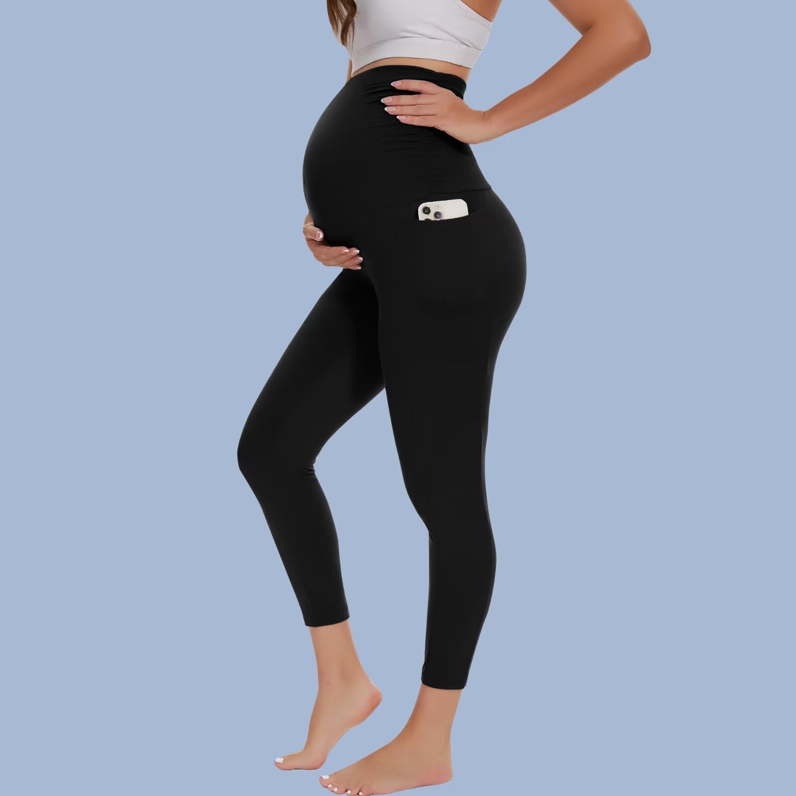 Happy Angel 2/3/4 Pack Maternity Leggings with Pockets - Over The Belly Pregnancy Yoga Pants for Women, Black Workout & Lounge Wear - Perfect for Prenatal Exercise, Office & Everyday Comfort