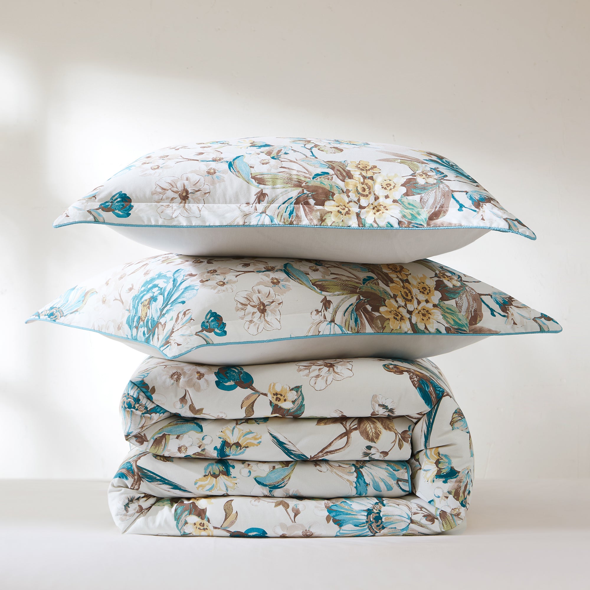 Reversible Cotton Duvet Cover Set with Bird & Hydrangea Floral Design - Soft Bedding for Master Bedroom, Guest Room & Dorm Decor
