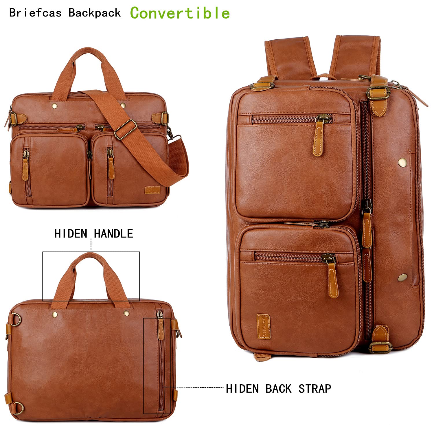 Men's Vegan Leather Briefcase Backpack Hybrid - 17 Inch Laptop Bag Business Messenger Bag HB-22 for Work, Travel & Office Commute
