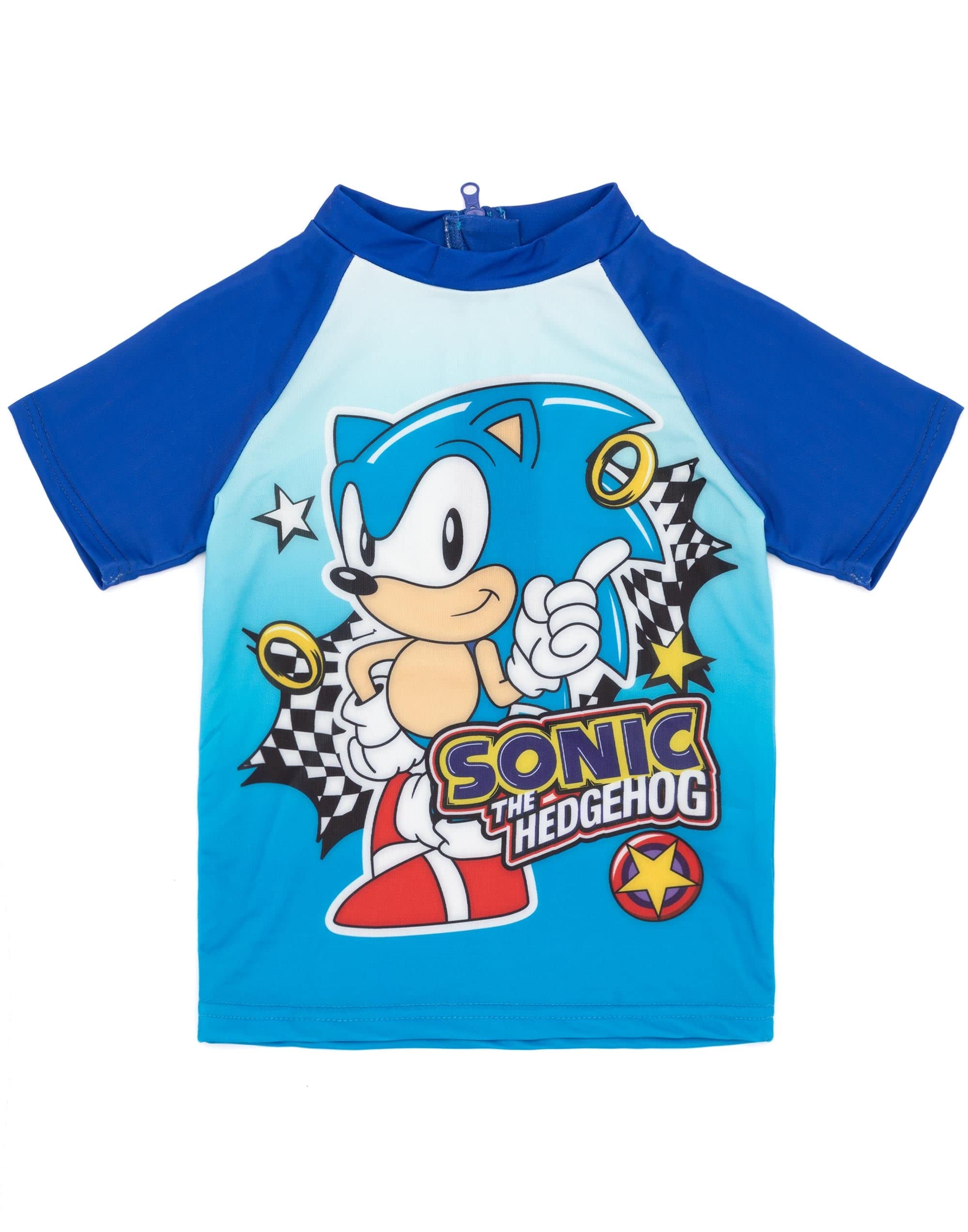 Sonic The Hedgehog Boys Swimwear Set - Blue 2-Piece Rash Guard & Swim Trunks with Racing Checkers Design | Kids Swimming Costume for Pool, Beach & Water Play