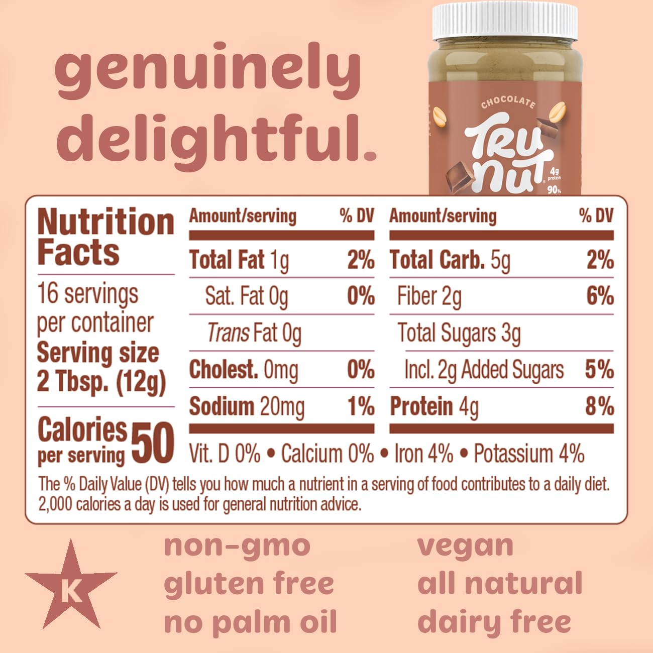 Tru-Nut Chocolate Peanut Butter Powder - Vegan, Gluten-Free, 4g Protein, 50 Calories per Serving - Healthy Peanut Butter Alternative for Smoothies, Baking & Snacks - 6.7oz (190g) Jar