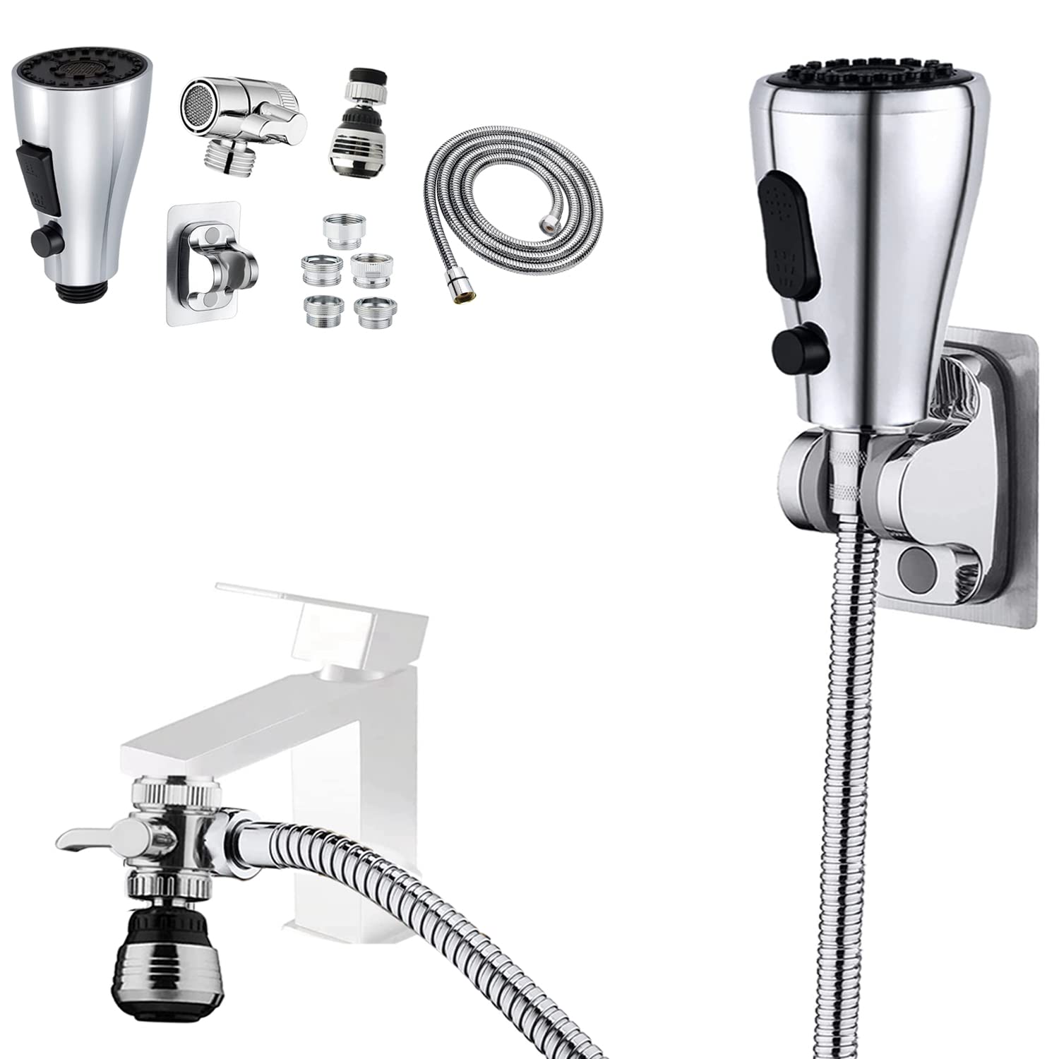 3 Modes Kitchen Faucet Sink Sprayer Attachment Set with Stainless Steel Hose, Brass Diverter Valve & 5 Adapters - Perfect for Washing Fruits, Dishes, Hair & Pet Grooming