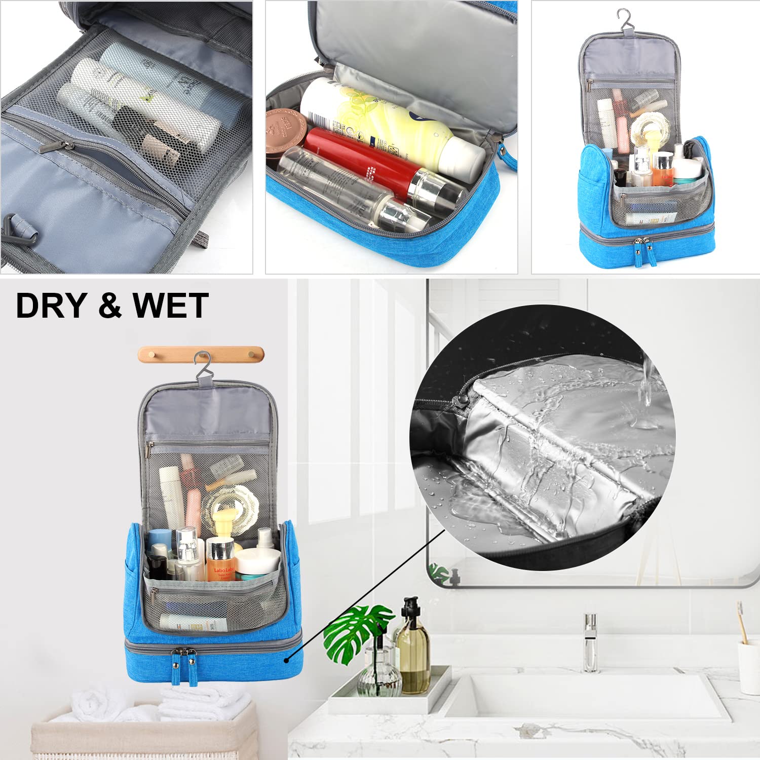 Large Travel Toiletry Bag for Women & Men - Waterproof Cosmetic Organizer with 2-Layer Dry/Wet Separation Design - Ideal for Bathroom, Gym, Camping & Air Travel (Blue)