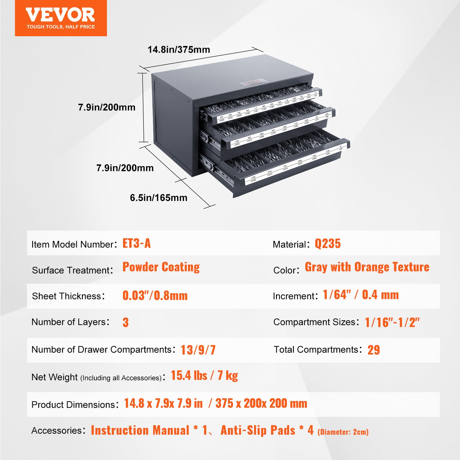 VEVOR 3-Drawer Drill Bit Organizer Cabinet - Jobber Length Fractional Size 1/16
