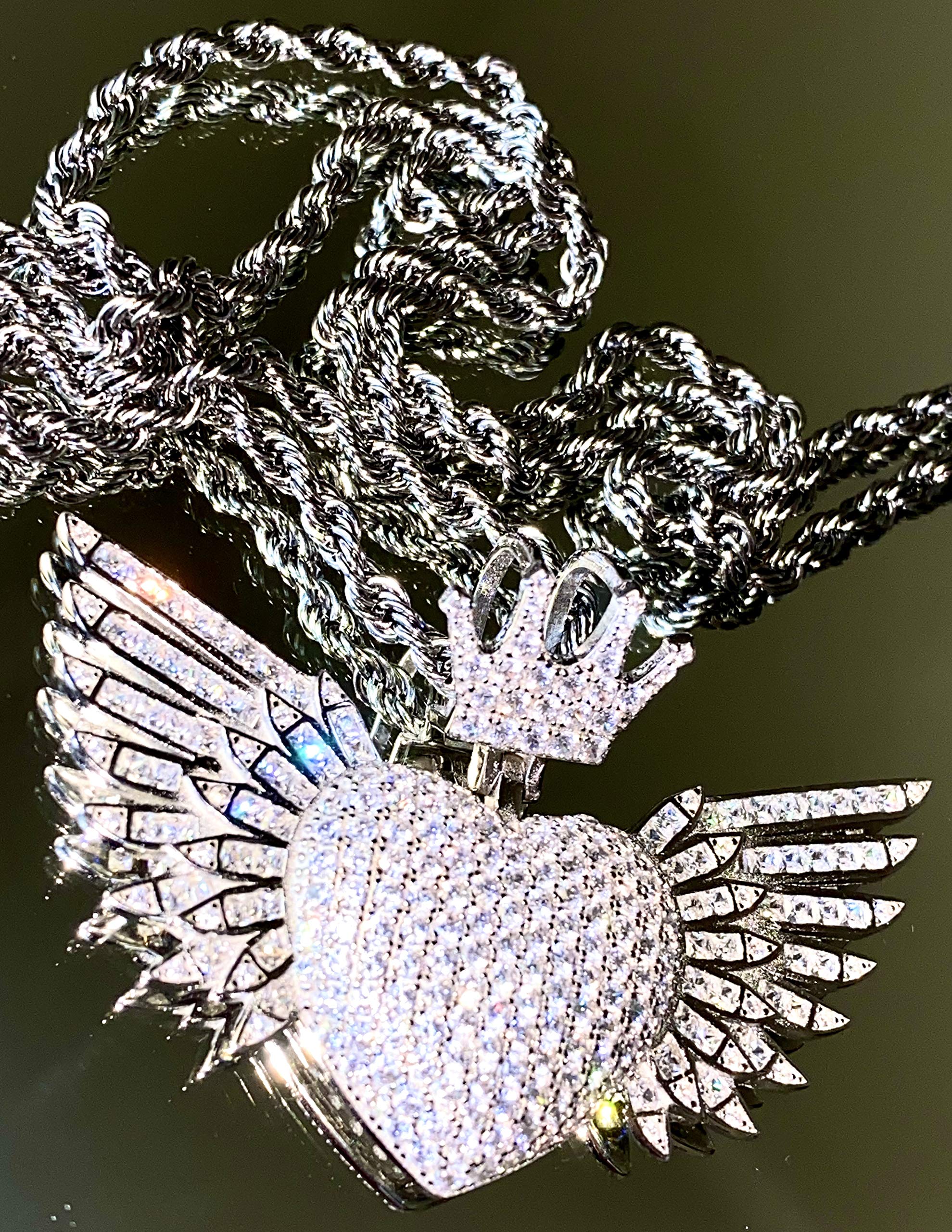 925 Sterling Silver Angel Heart Pendant Necklace for Men & Women - Italian White Gold Finish Iced Out Charm with 3mm Stainless Steel Rope Chain (16