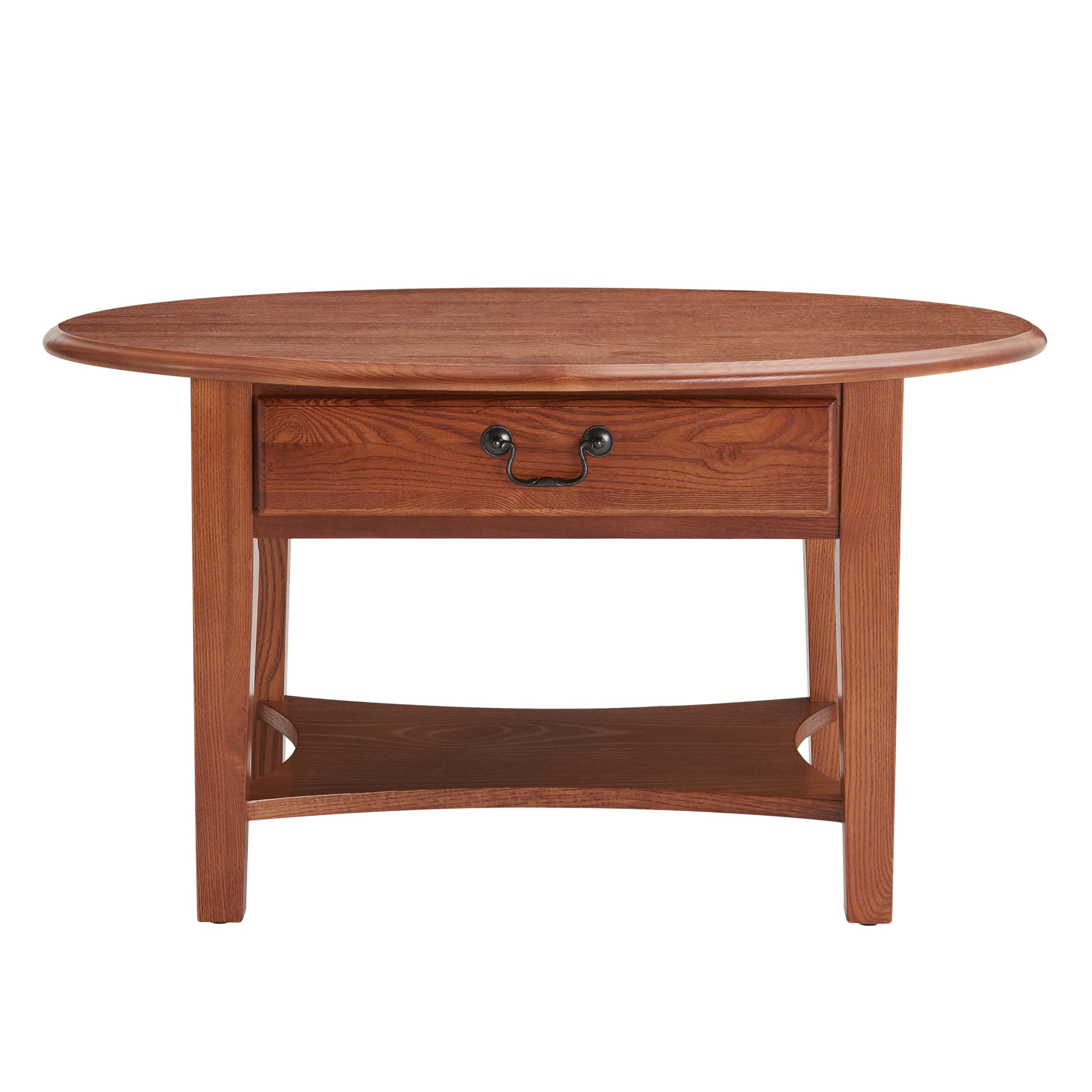 Haven Ridge Solid Wood Oval Coffee Table with Shelf - One Drawer, Medium Oak Brown by Leick Home - Perfect for Living Room, Lounge & Small Spaces - 9044-MED