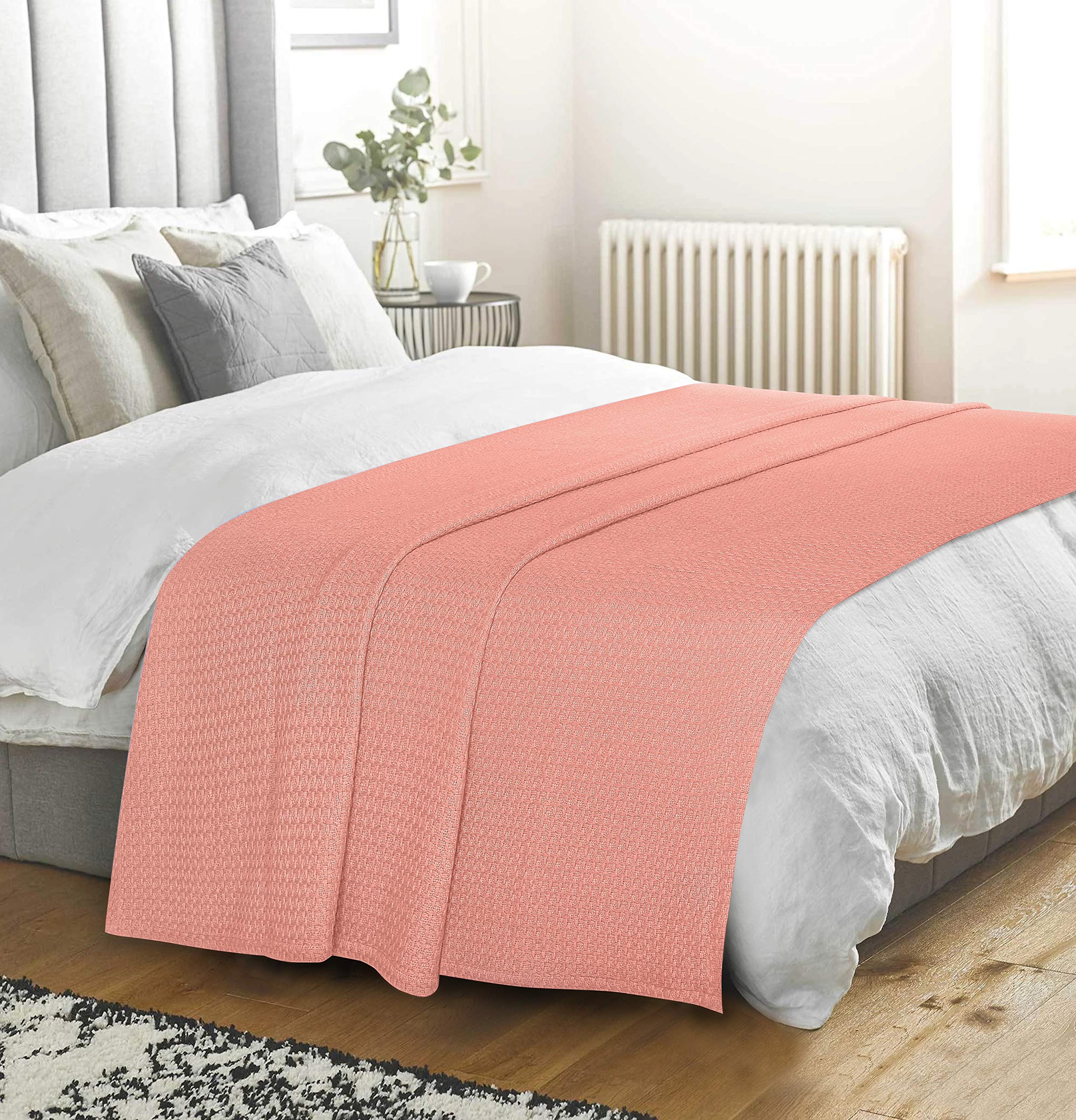BELIZZI HOME 100% Cotton King Size Thermal Blanket - Breathable All Season Bed Blanket for Layering - Soft Peach Blanket for Bedroom, Living Room & Guest Room Comfort