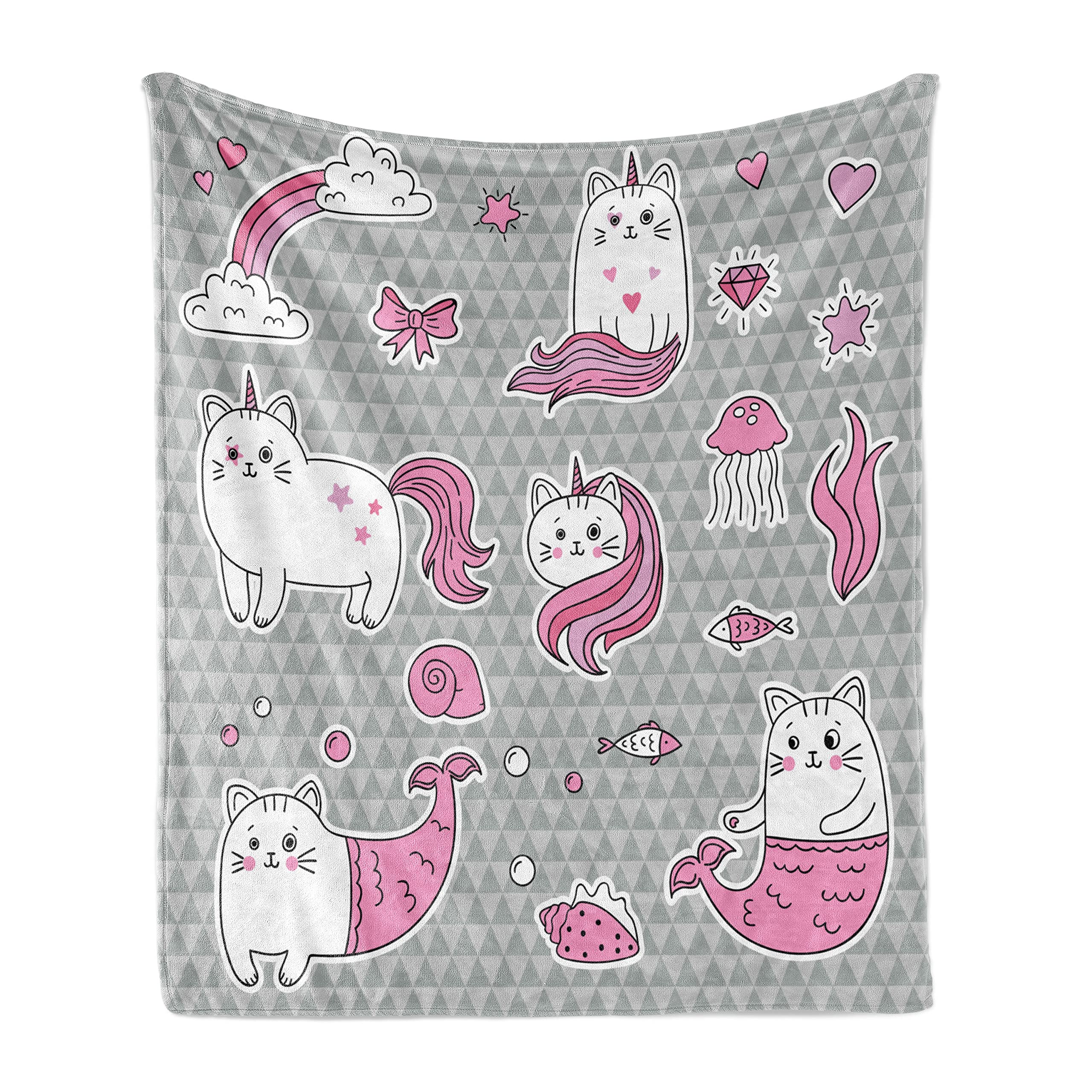 Ambesonne Unicorn Cat Throw Blanket - Soft Flannel Fleece Blanket with Cat, Unicorn & Mermaid Underwater Design - 50x60 Inch Grey Pale Pink White Blanket for Couch, Bed, Sofa - Perfect for Home Decor, Gift & Cozy Nights