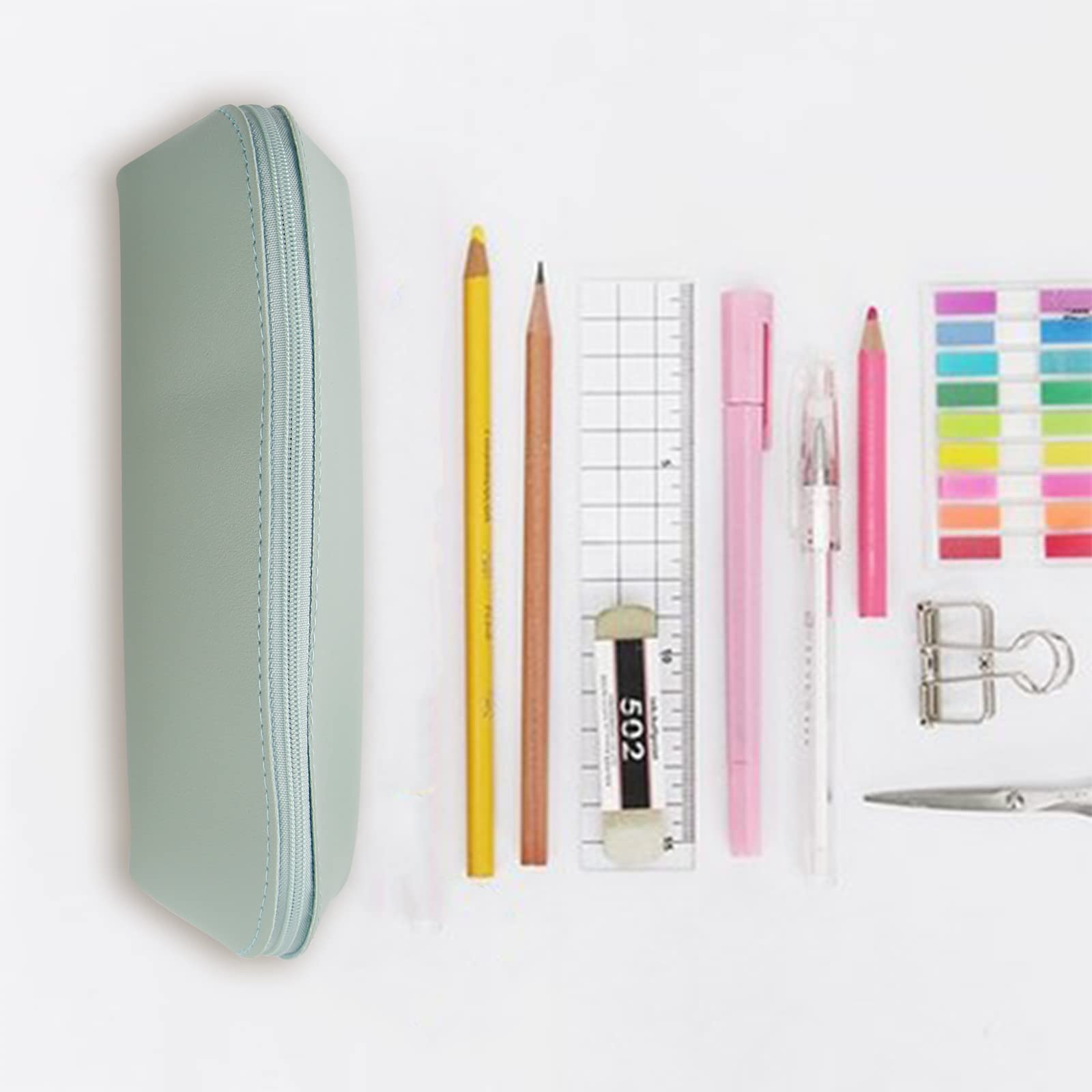 Premium Leather Zipper Pencil Case - Small Stationery Pouch for Pens, Markers, Cosmetics & Coins (Light Blue) | School, Office & Travel Organizer