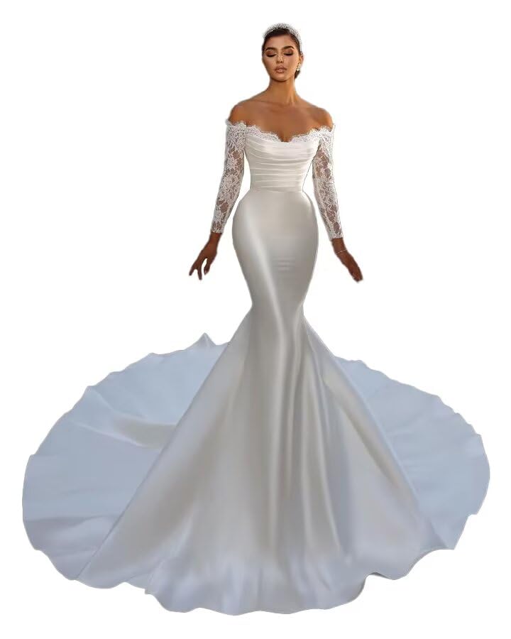 2025 Mermaid Wedding Dress with Lace Appliques & Detachable Train - Elegant Satin Bridal Gown for Beach Weddings | Perfect for Destination, Seaside & Summer Ceremonies
