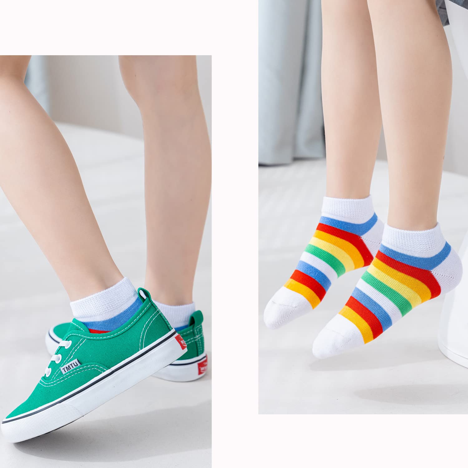 Marchare Girls Seamless Cotton Socks - 5 Pack Rainbow Striped Crew Socks for Kids, School, Play & Everyday Wear