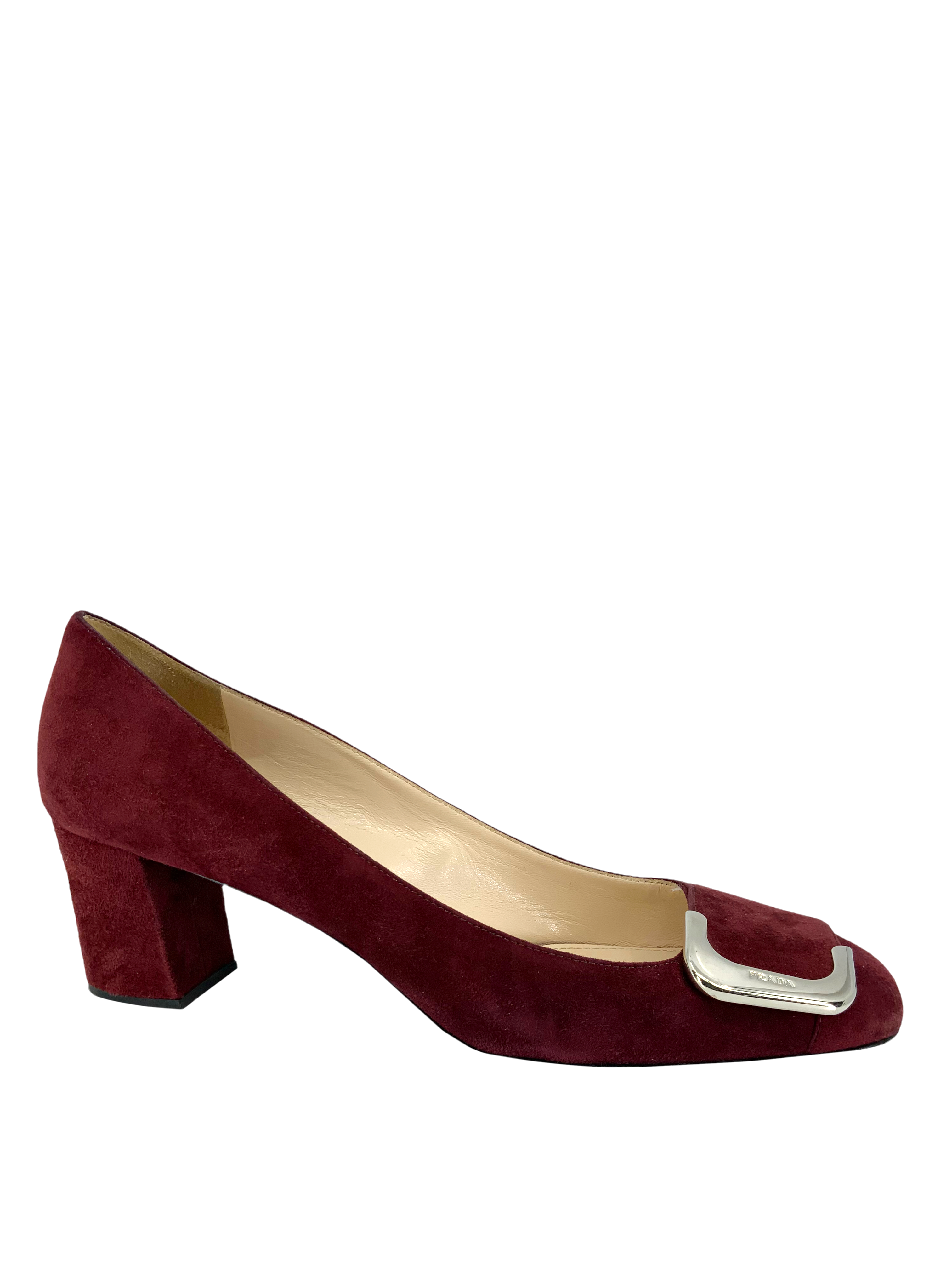 Prada Suede Logo Buckle Square Toe Pump Women's Heels Size 10 - Perfect for Office, Party & Formal Events