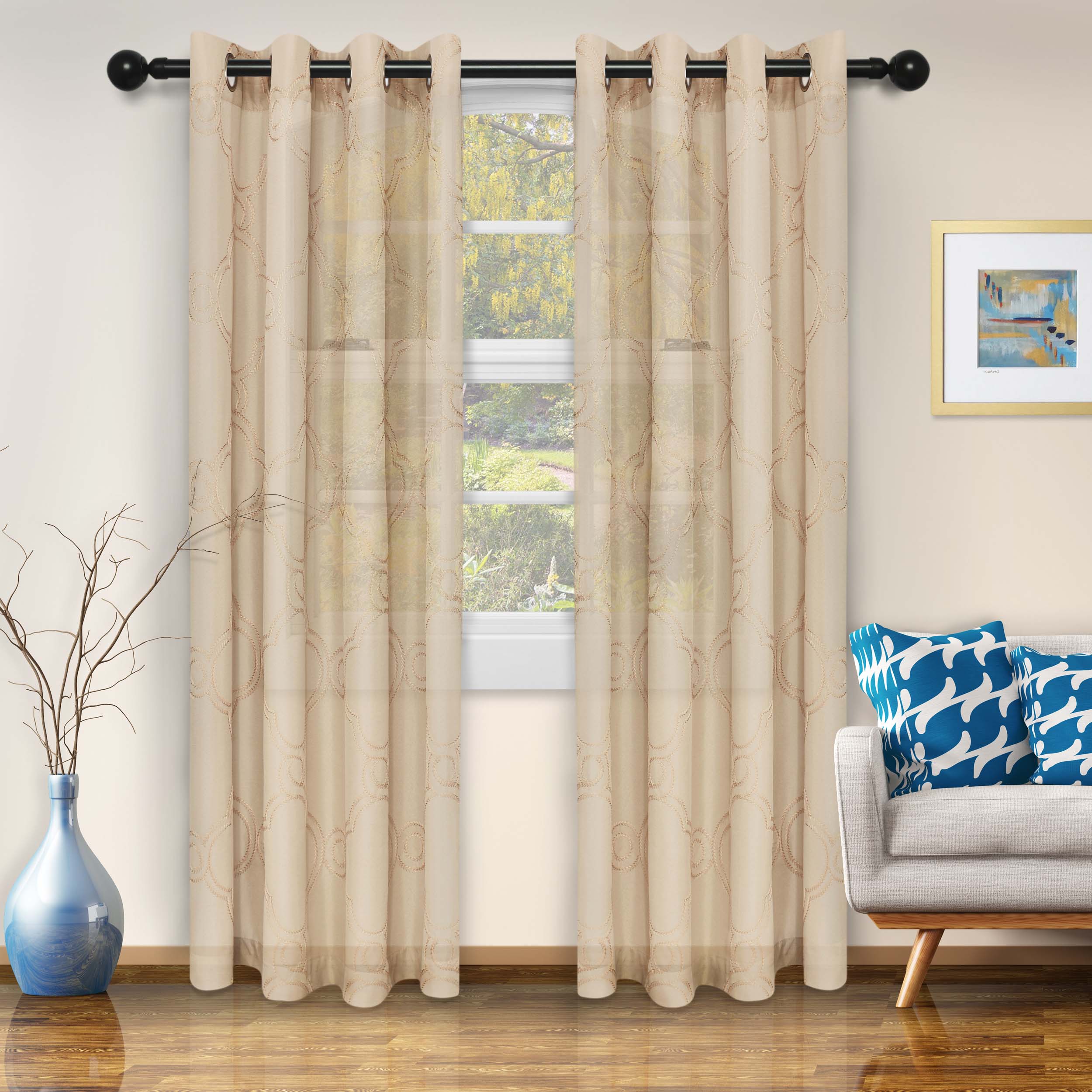 Embroidered Moroccan Sheer Grommet Curtain Set - Elegant Window Treatments for Living Room, Bedroom & Boho Home Decor