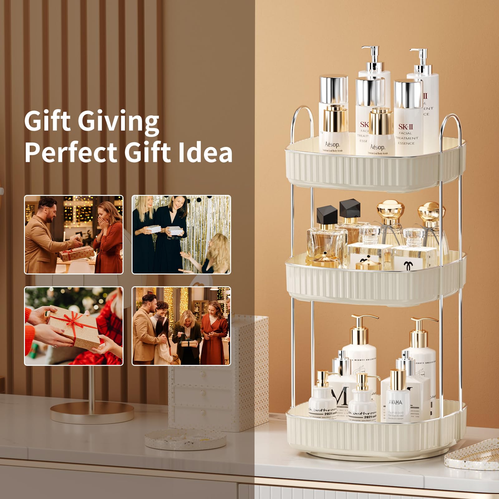 360° Rotating Makeup Organizer - 3-Tier Vanity Tray for Cosmetics & Perfume | Bathroom Countertop Storage