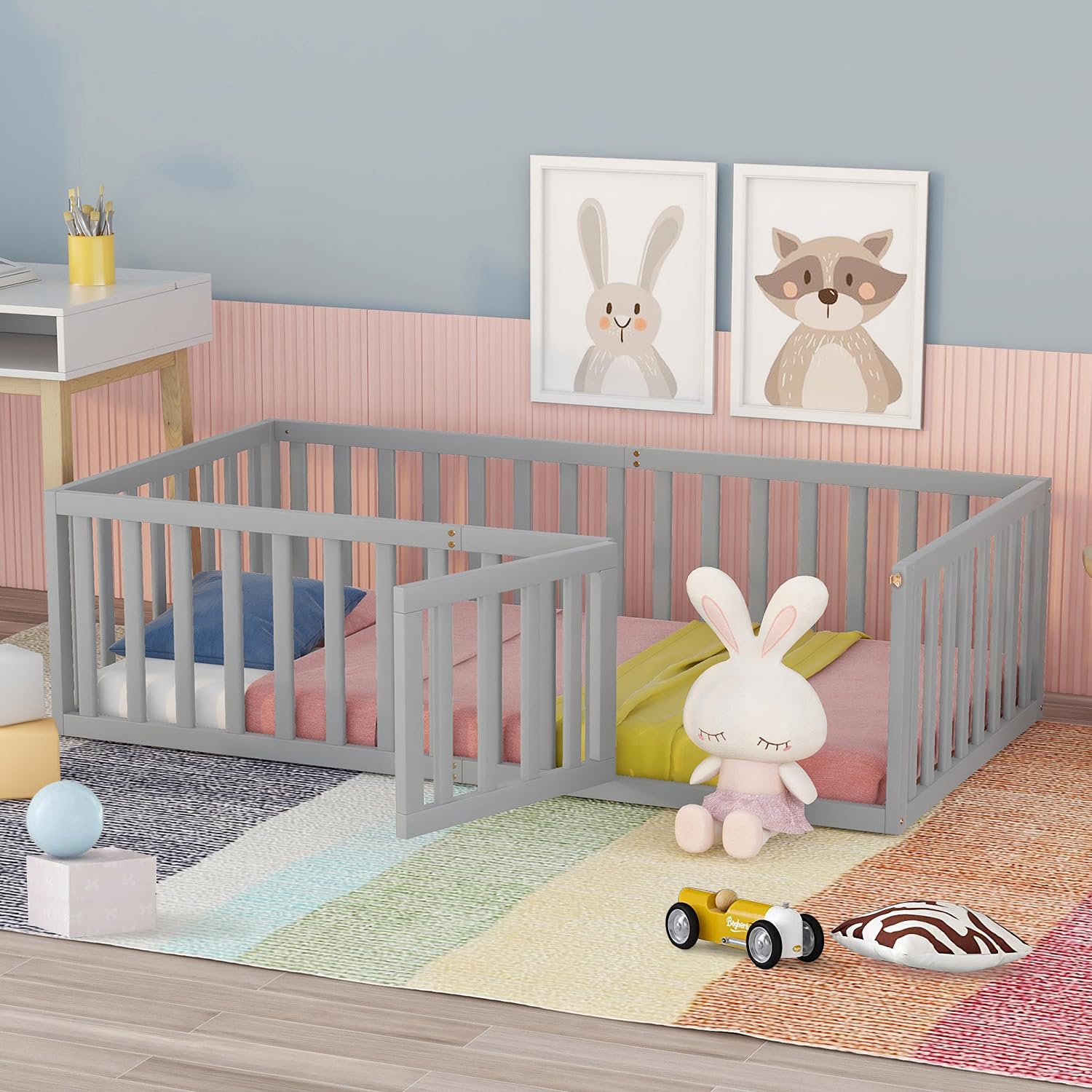 Montessori Twin Floor Bed for Kids - Solid Wood Toddler Bed Frame with Safety Guardrails & Door - No Weight Limit, Easy Assembly, Gray - Perfect for Montessori Bedrooms, Daycare, and Playrooms