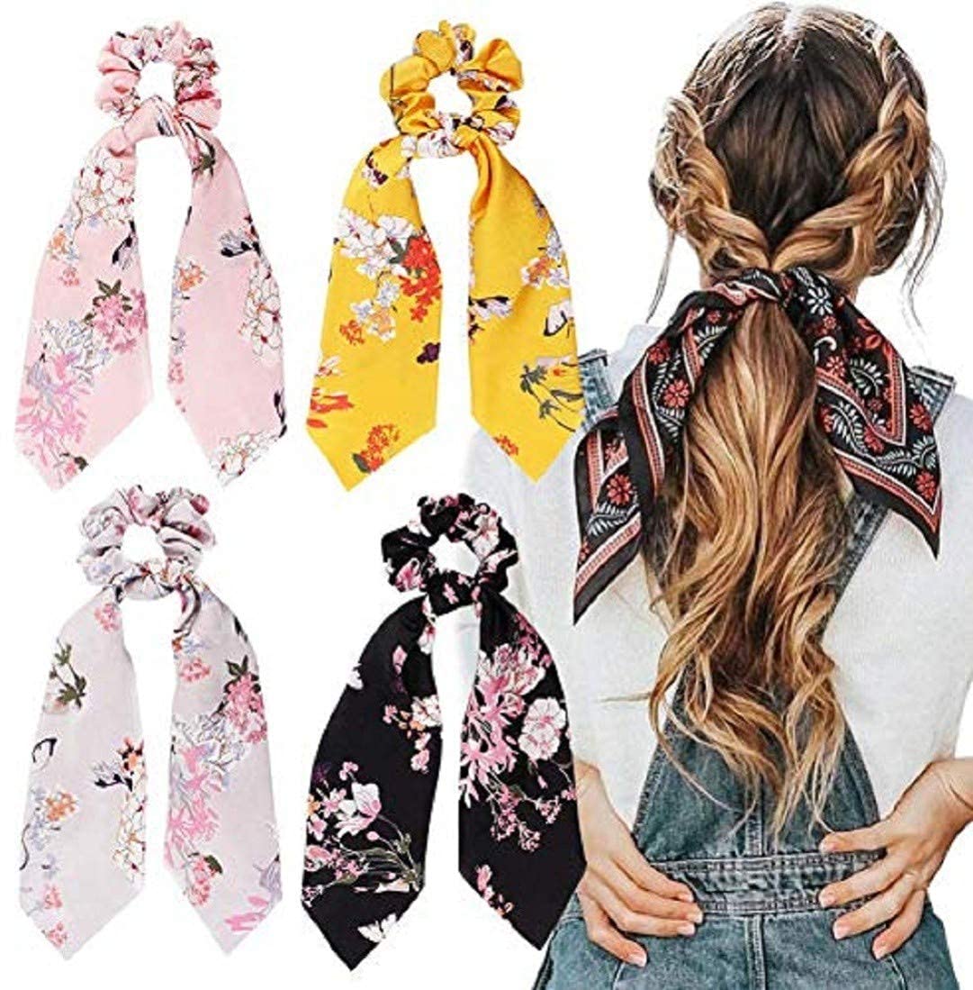 Printed Hair Scrunchies for Women & Girls - 12 Pack Multicolor Satin & Chiffon Elastic Hair Ties, Ponytail Holders & Hair Bands - Perfect for School, Work, Parties & Everyday Styling