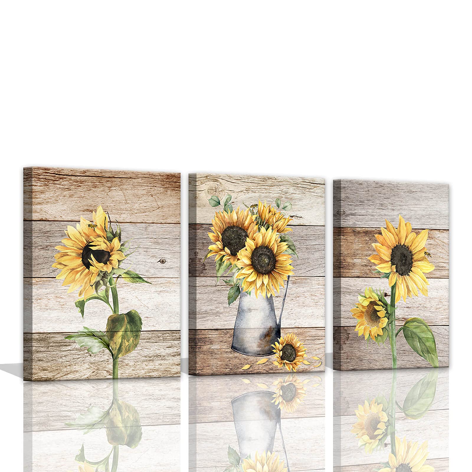 Sunflower Wall Art Set of 3 - 12x16 Inch Framed Watercolor Canvas Prints for Kitchen, Bathroom & Country Home Decor | Rustic Floral Paintings for Farmhouse, Bedroom & Living Room Wall Decor