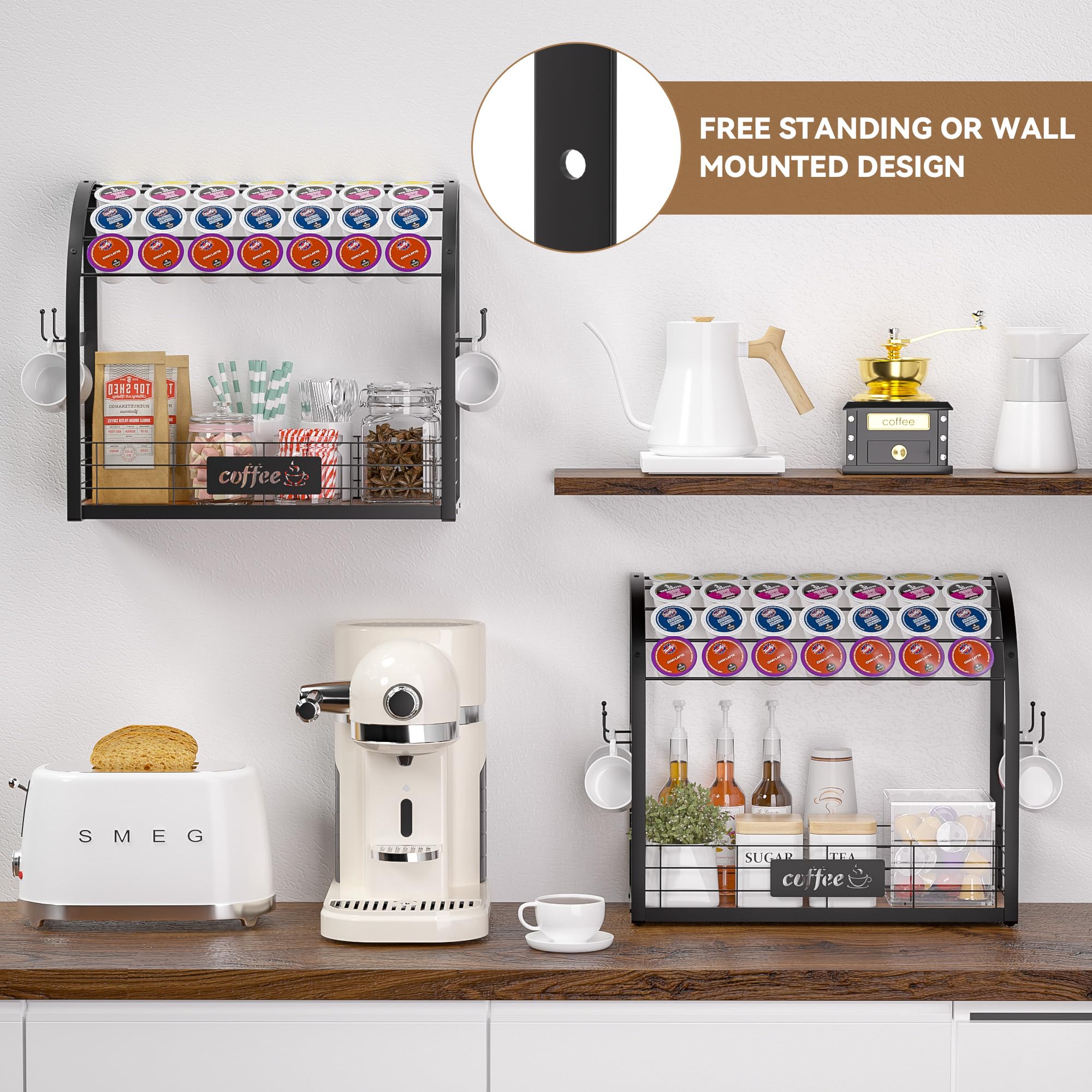 2-Tier Metal K Cup Holder with 4 Coffee Mug Hooks - Multi-Functional Coffee Station Organizer for Countertop, Wooden K Cup Tray - Perfect for Home Kitchen, Office Coffee Bar & Small Space Organization (Black)