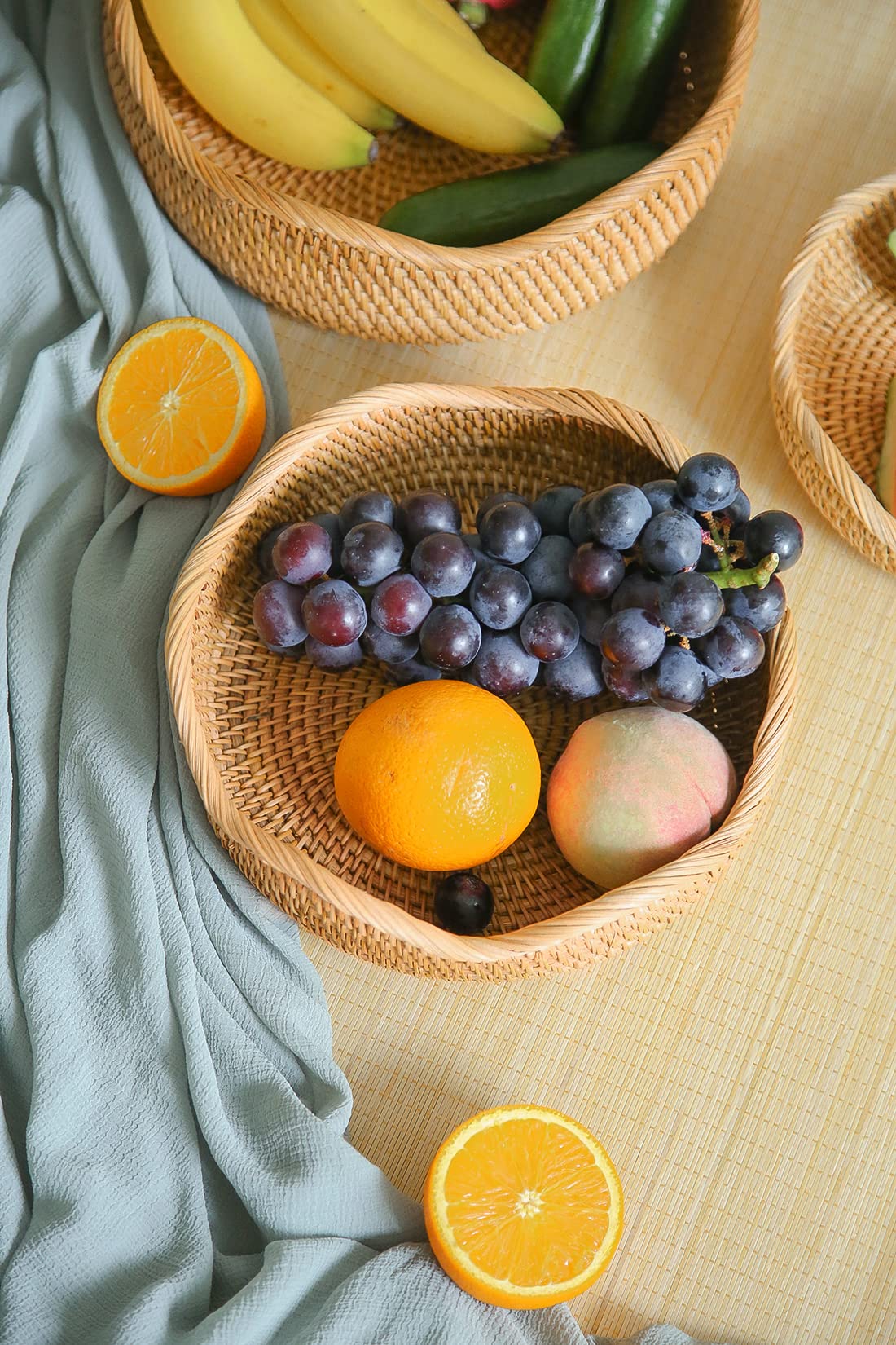 Handmade Natural Rattan Bread Basket Set of 3 - Round Woven Wicker Serving Bowls for Fruits, Bread & Kitchen Storage | Honey Brown Decorative Counter Organizer | Perfect for Farmhouse Kitchen, Dining Table Display & Party Serving