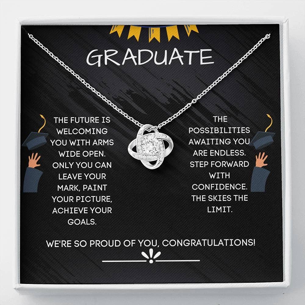 Personalized Love Knot Necklace - 2021 Graduate Gift - Inspirational 'Skies The Limit' Jewelry for Women | Perfect Graduation Present, Senior Year Keepsake & Thoughtful Card Companion | Ideal for Commencement Ceremonies, Graduation Parties & Celebrating Academic Achievements