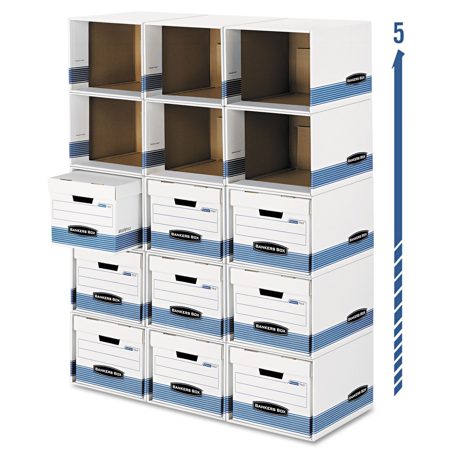 Bankers Box 0162601 File Storage Cube Box Shell - Legal/Letter Size 12 x 15 x 10 Inches - White and Blue Office Organizer for Documents, Files, and Supplies | Perfect for Home Office, Workplace, and School Organization
