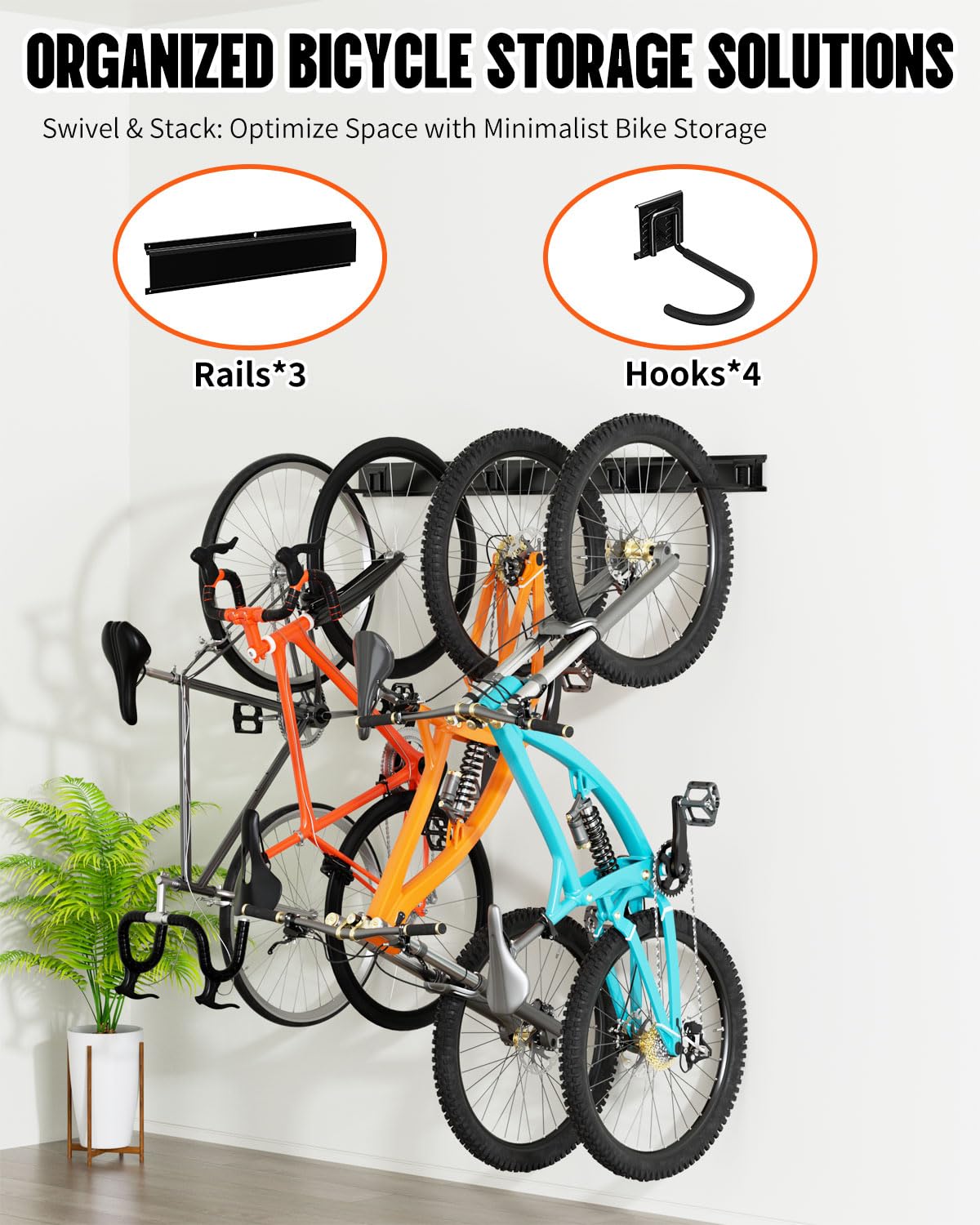 Heavy Duty Bike Rack Wall Mount - 300 lbs Capacity Adjustable Garage Bike Hooks with 4 Hooks & 3 Rails (48 Inch Black) - Perfect for Indoor Bike Storage, Garage Organization & Space Saving Solutions