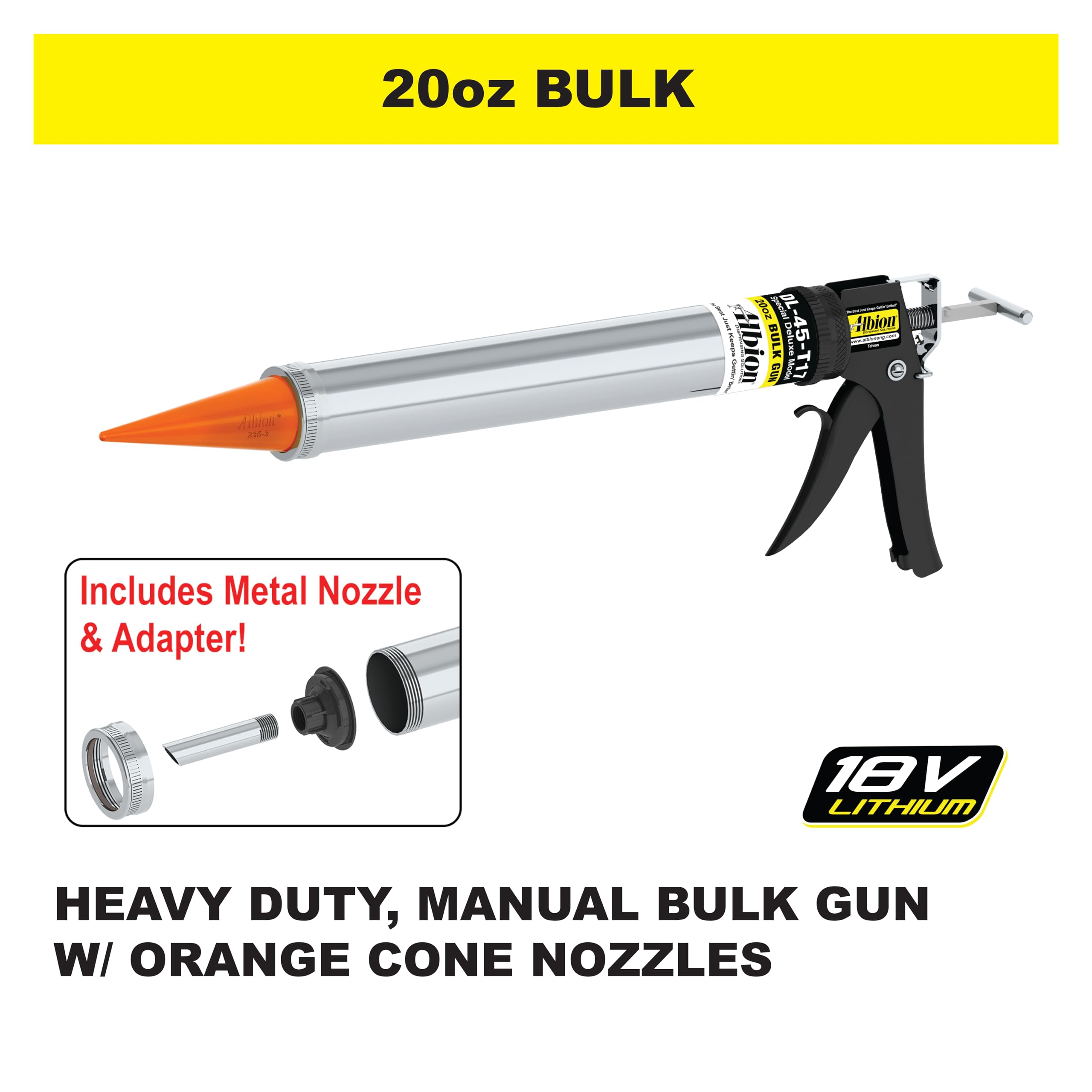 Albion DL-45-T17 Professional Heavy Duty Manual Caulking Gun - 20 oz Capacity with Metal Nozzle, Adapter & 3 Orange Cone Tips - Perfect for Construction, Sealant Application & DIY Home Projects