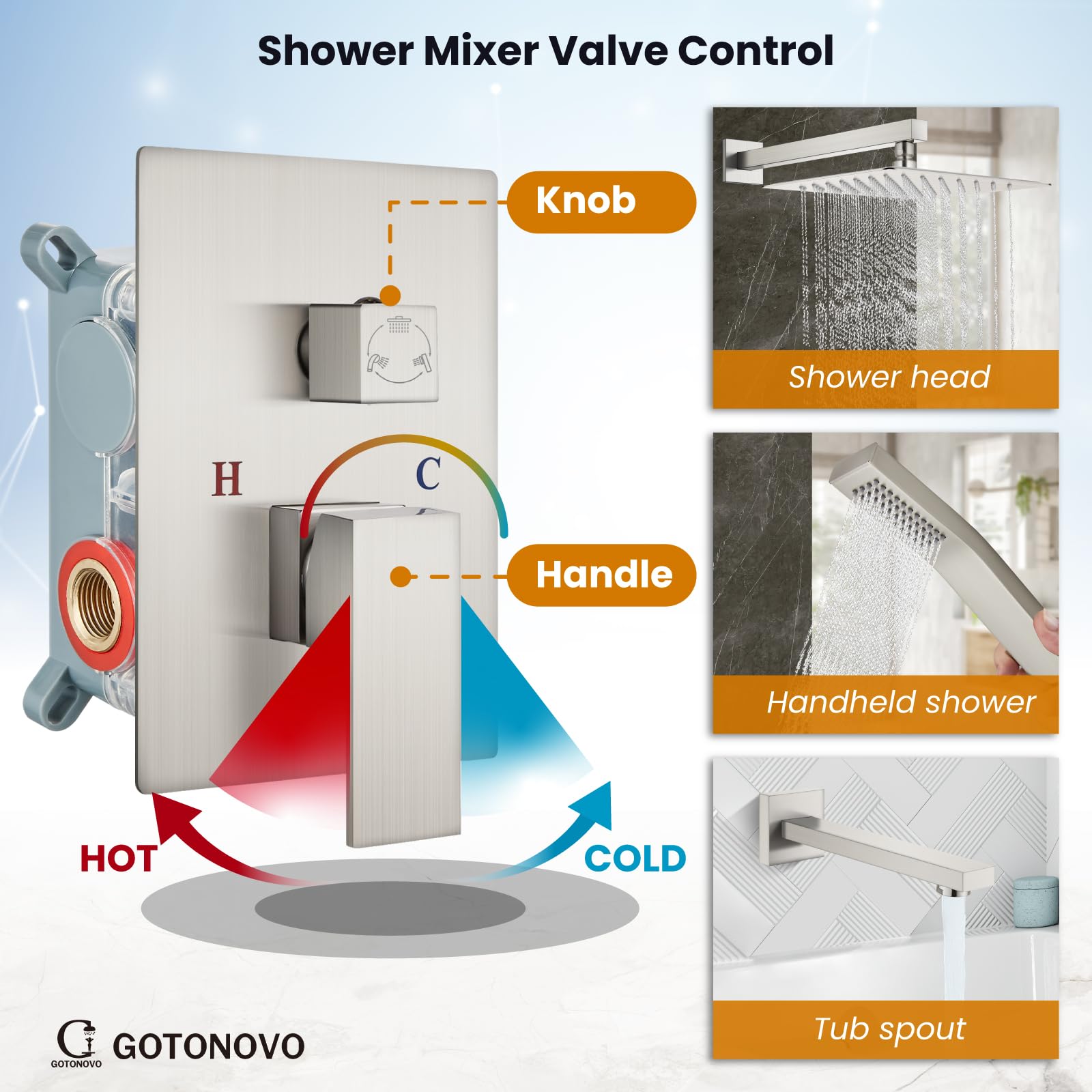 Gotonovo 3-Function Wall Mounted Shower System Set with Rainfall Shower Head, Handheld Spray & Tub Spout - 10 Inch Brushed Nickel Shower Faucet Combo & Rough-in Valve Trim Kit for Bathroom Remodel & Spa-Like Experience